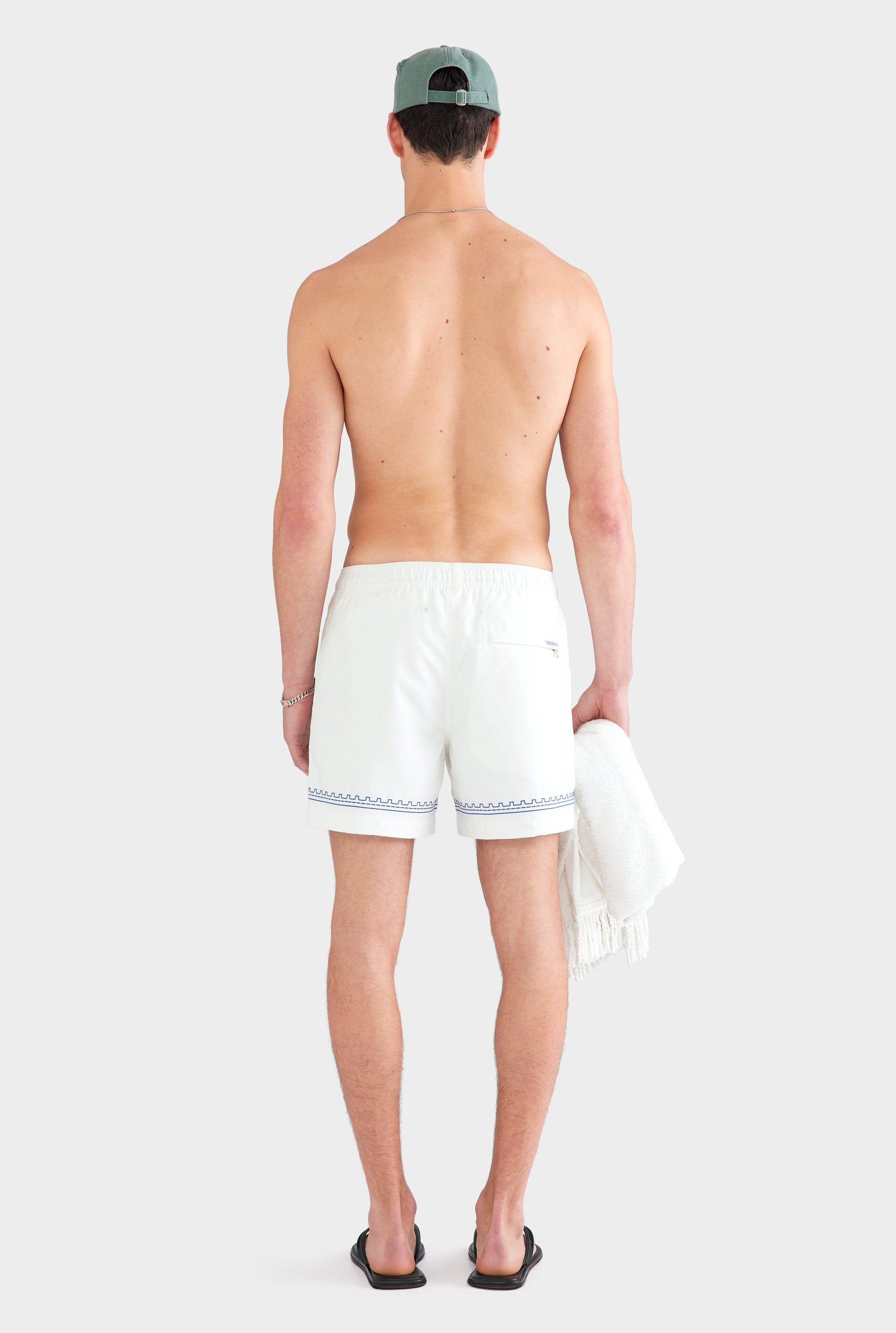Embroidered Swim Short - Off White/Bright Blue