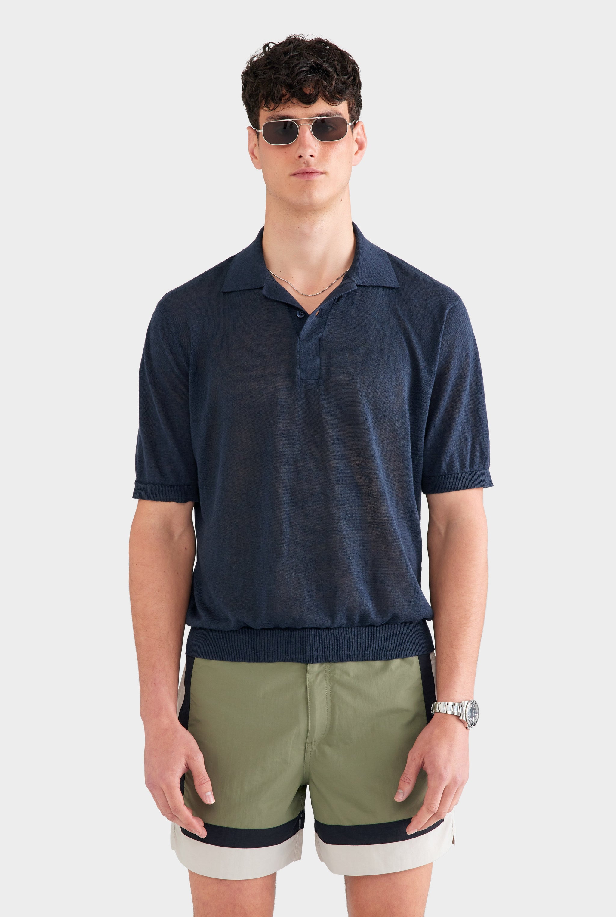 Linen Knit Polo - Navy