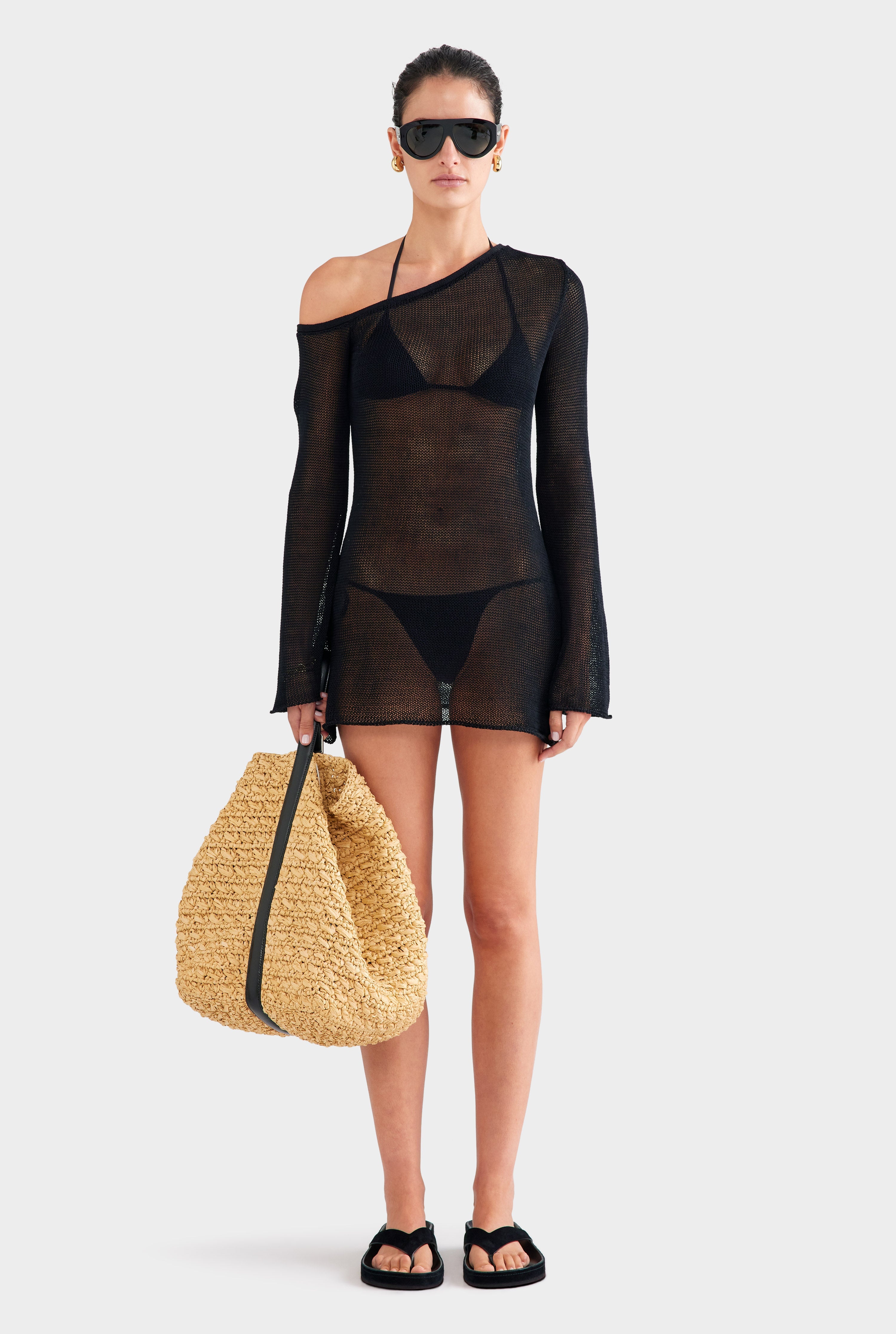 One Shoulder Open Knit Mini Dress Black | Venroy – VENROY US