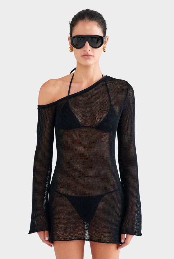 One Shoulder Open Knit Mini Dress - Black