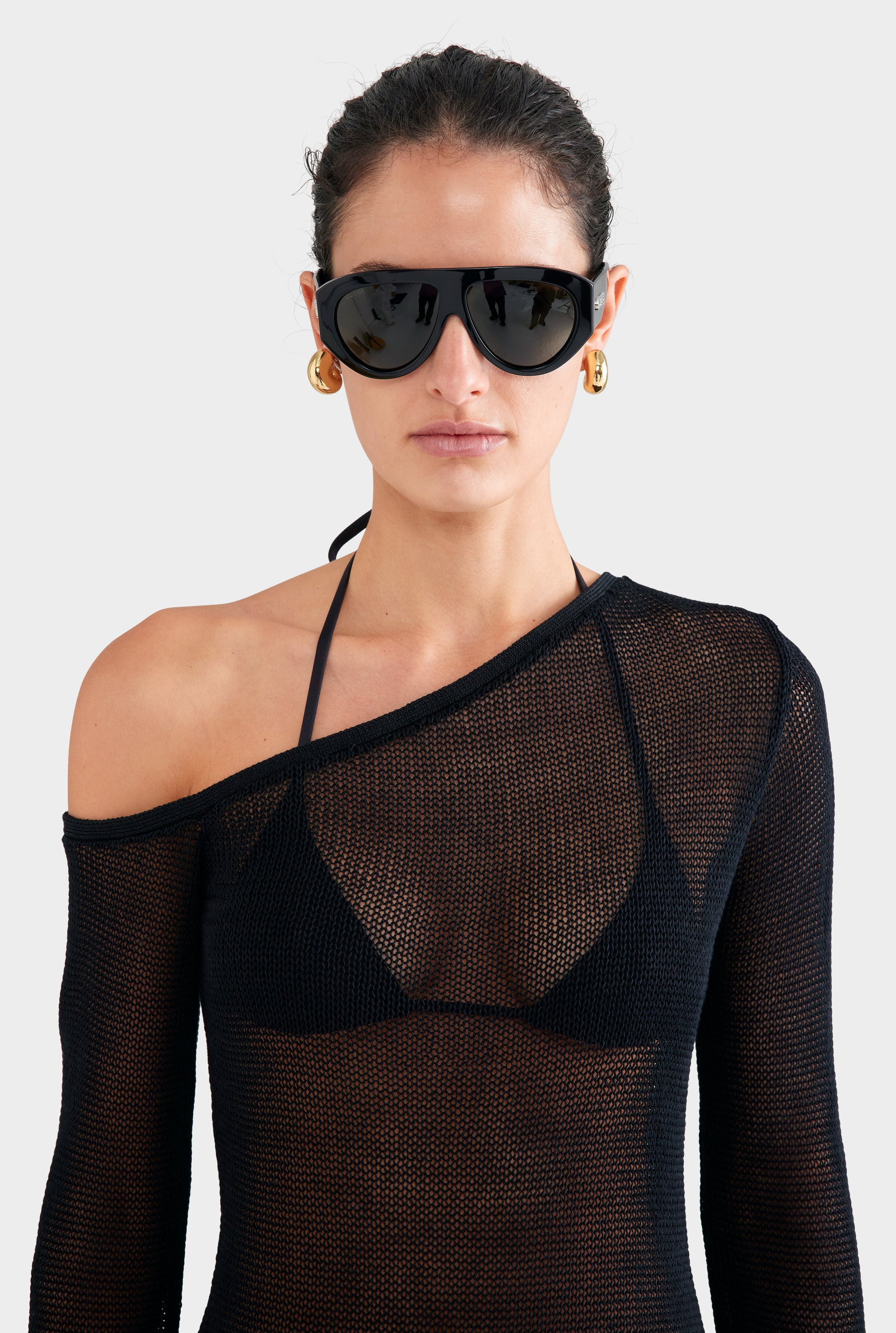 One Shoulder Open Knit Mini Dress - Black