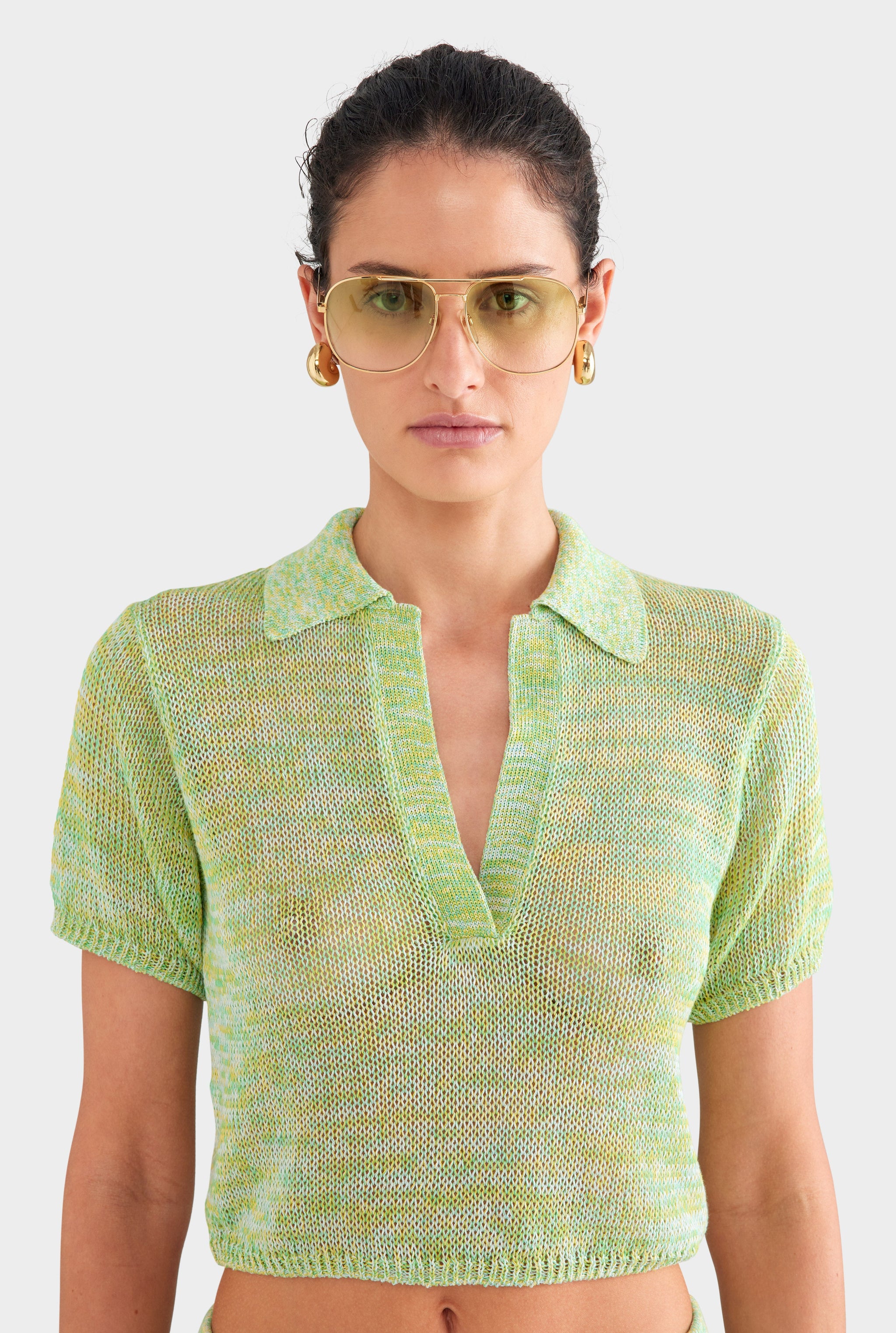 Open Knit Crop Polo - Green/Blue Marl