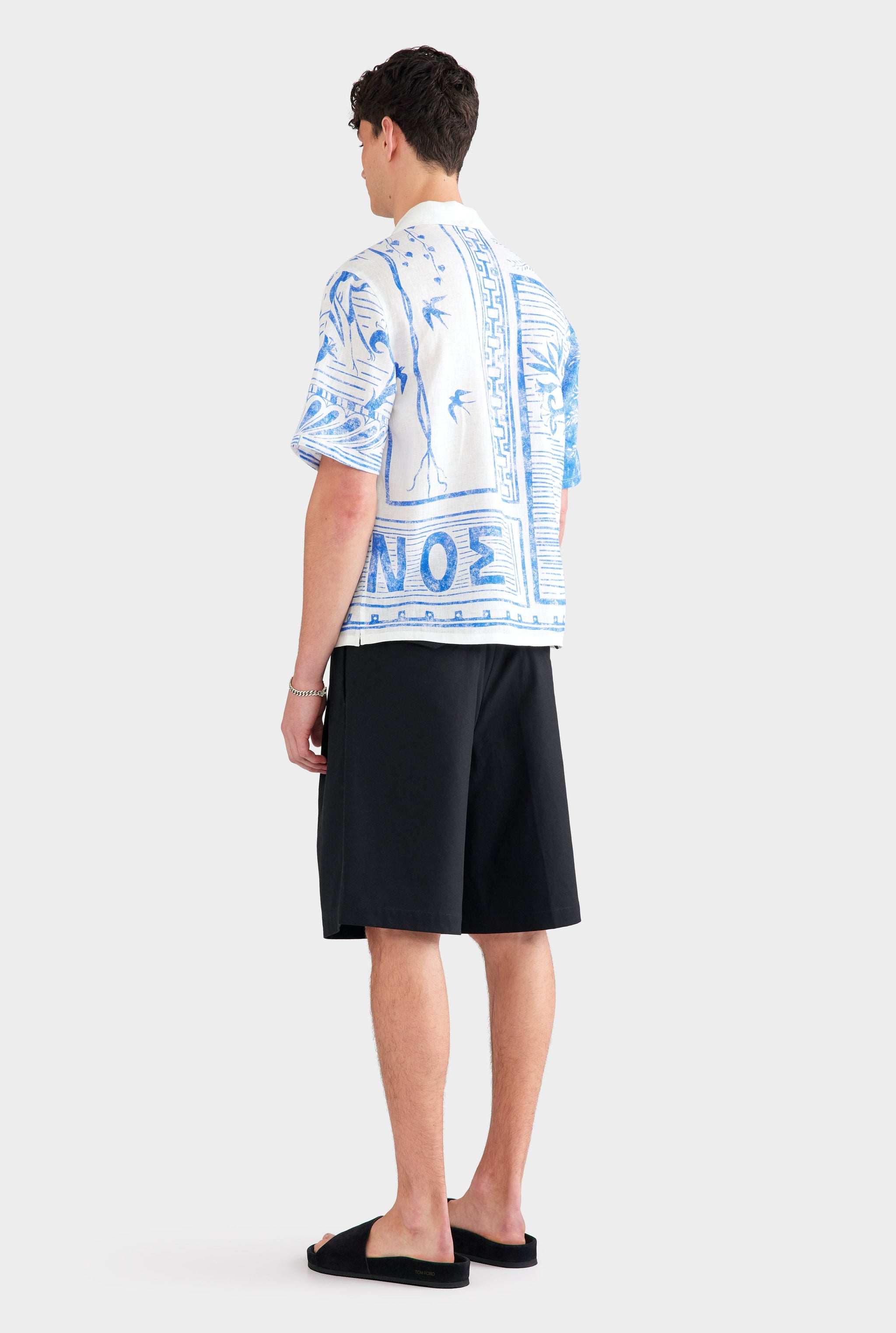 Printed Linen Camp Collar Shirt - White/Blue Greek Stamp