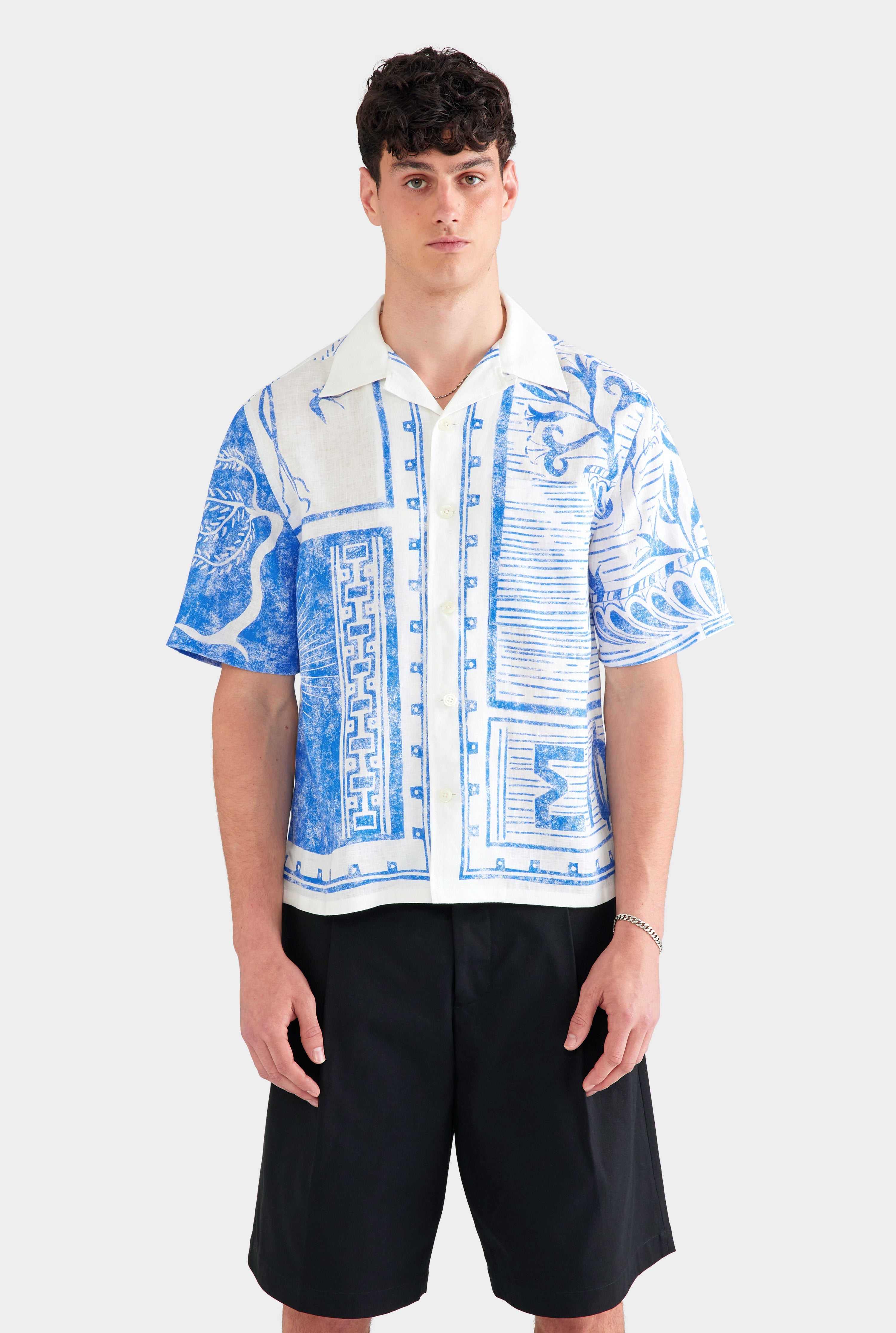 Printed Linen Camp Collar Shirt - White/Blue Greek Stamp