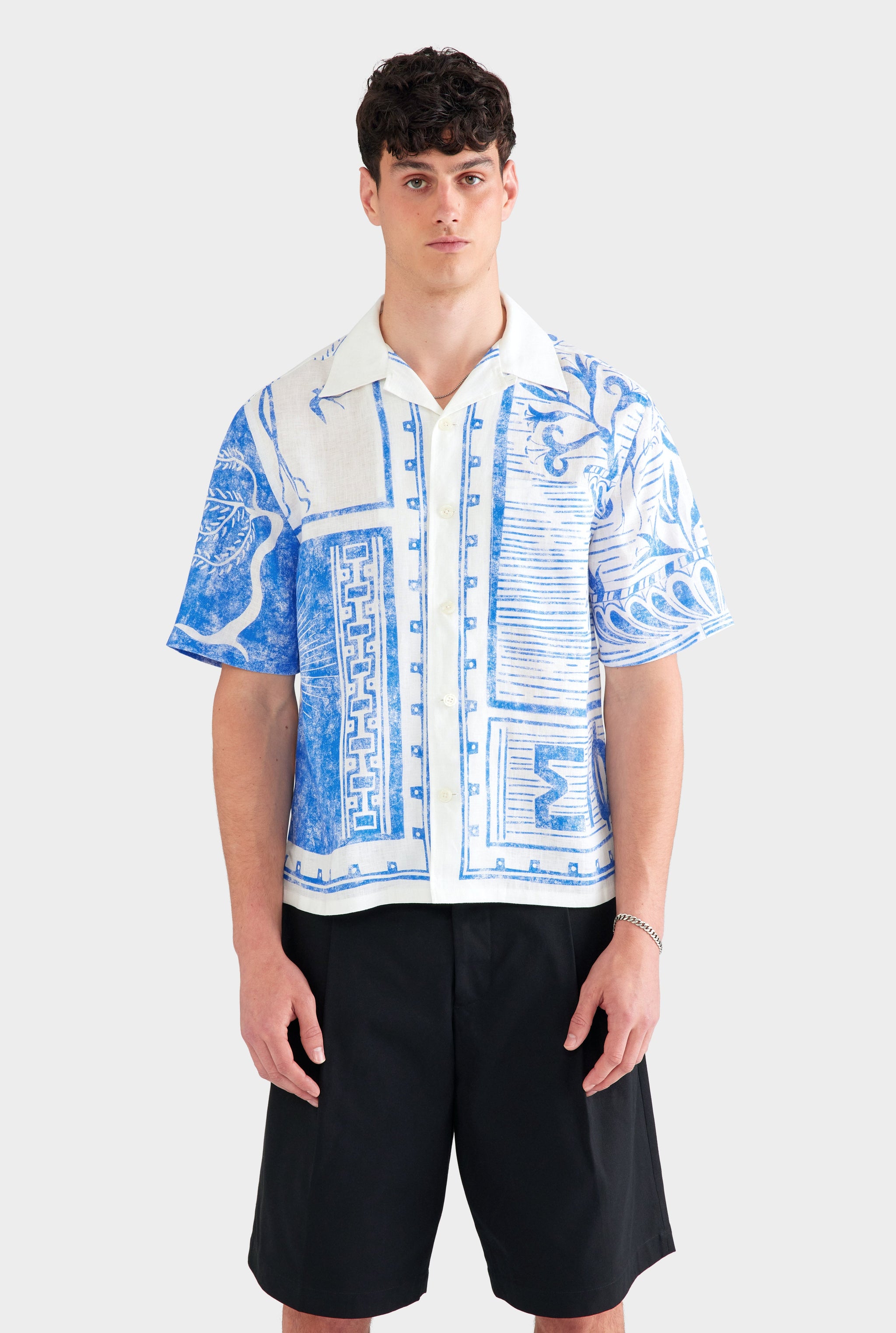 Printed Linen Camp Collar Shirt - White/Blue Greek Stamp