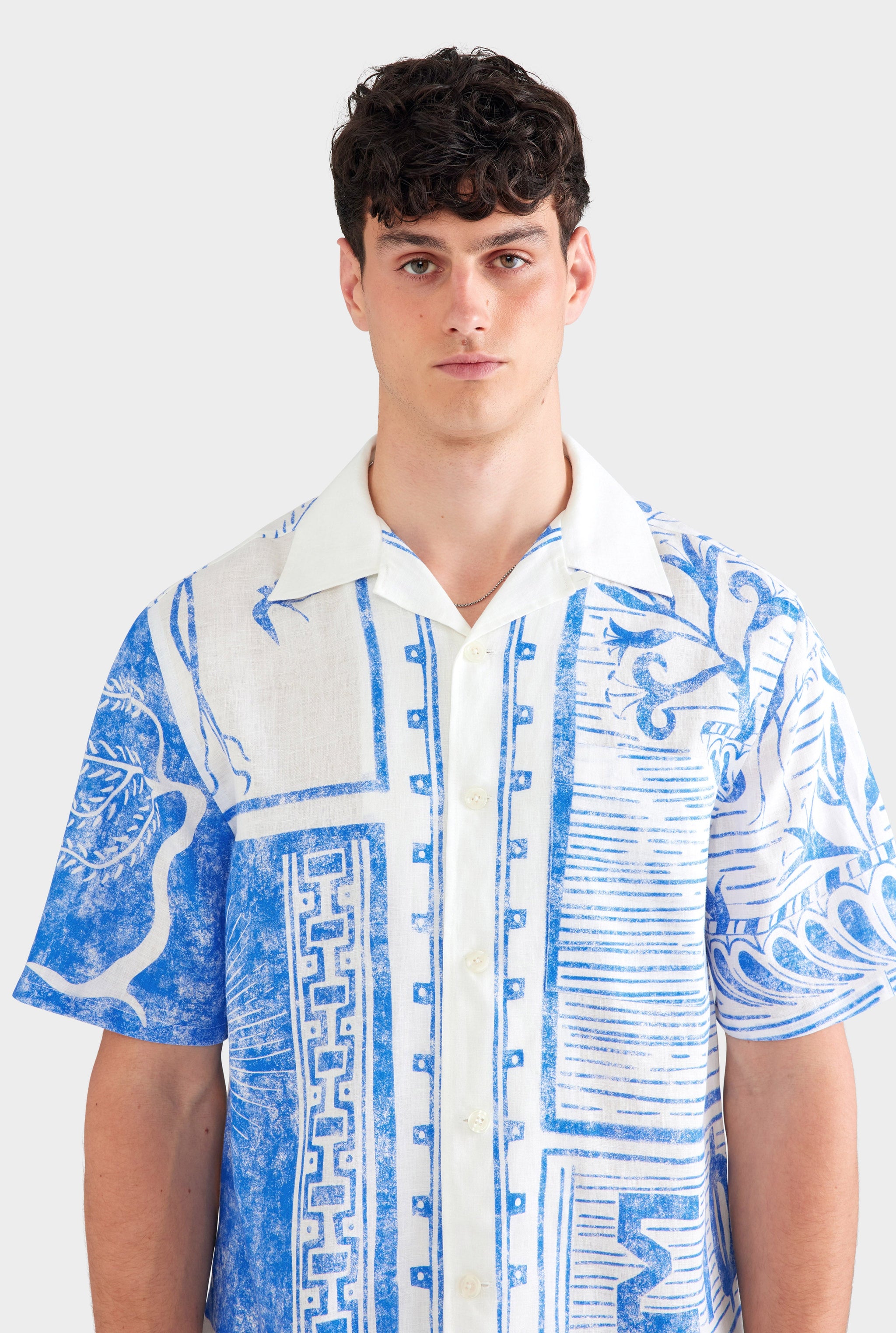 Printed Linen Camp Collar Shirt - White/Blue Greek Stamp