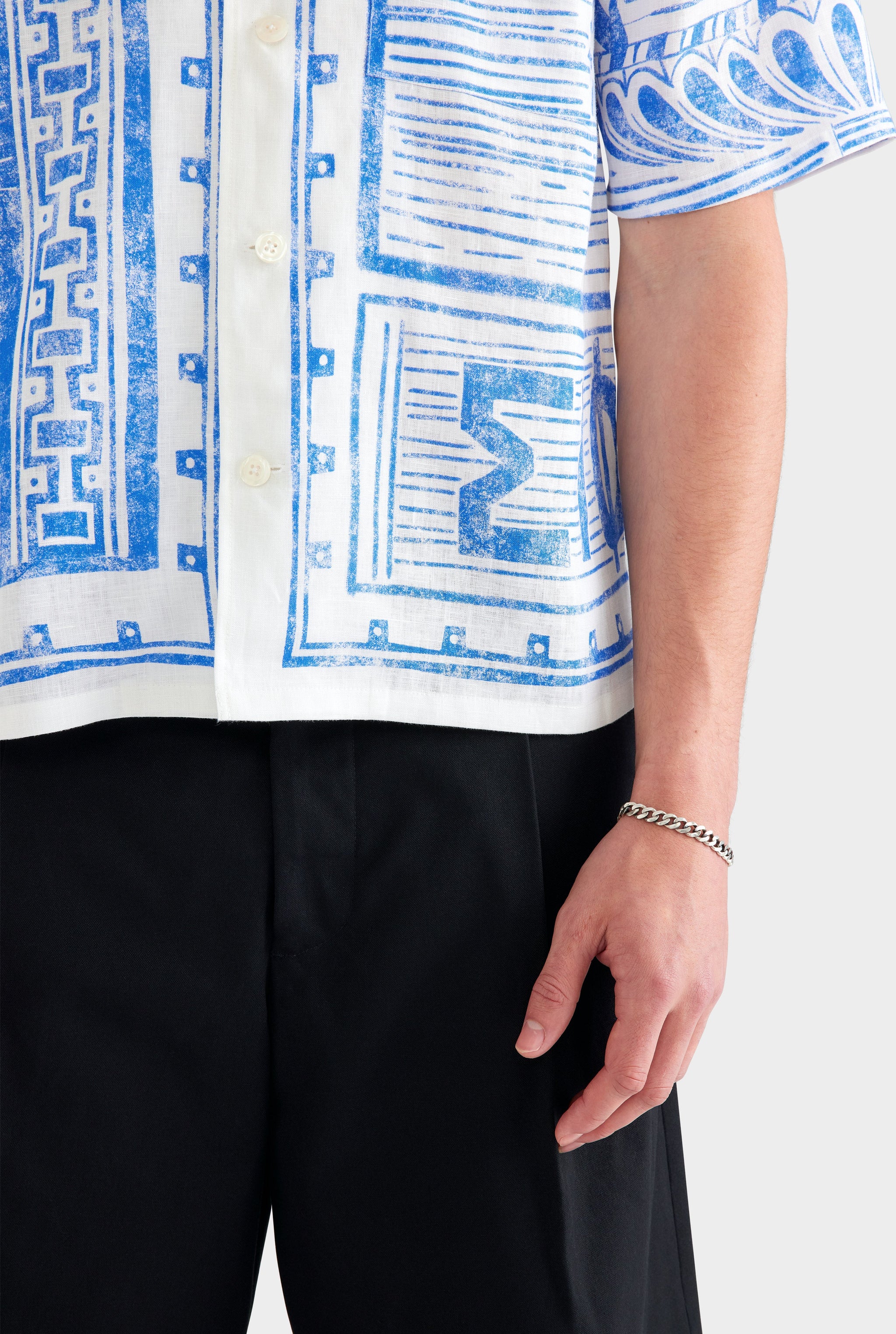 Printed Linen Camp Collar Shirt - White/Blue Greek Stamp