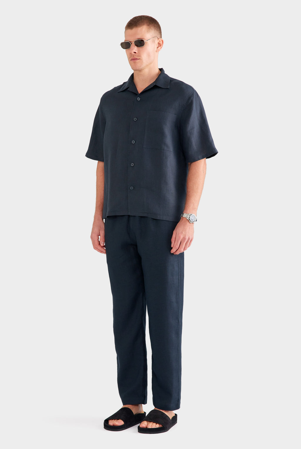 Linen Camp Collar Shirt - Navy