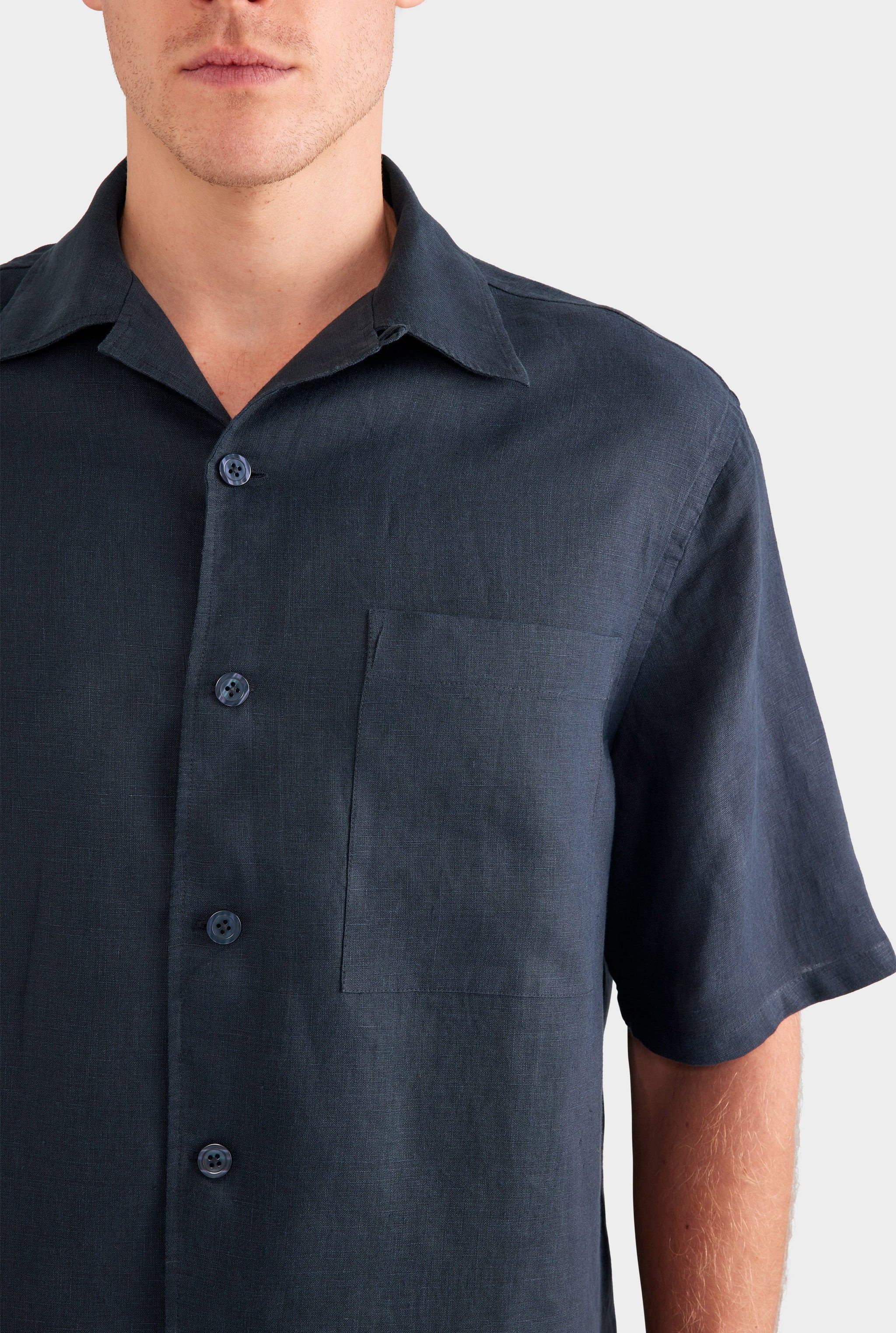 Linen Camp Collar Shirt - Navy