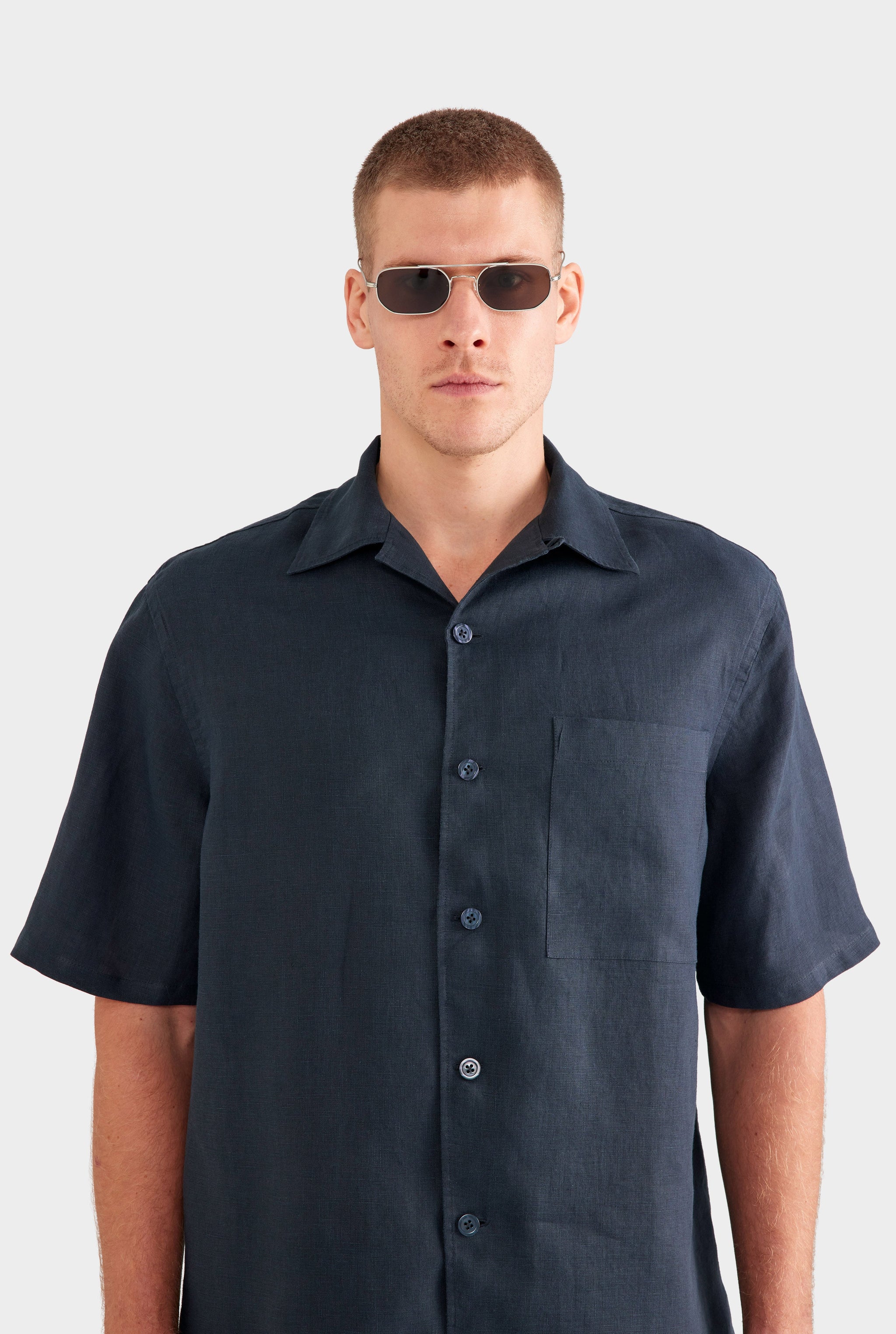 Linen Camp Collar Shirt - Navy