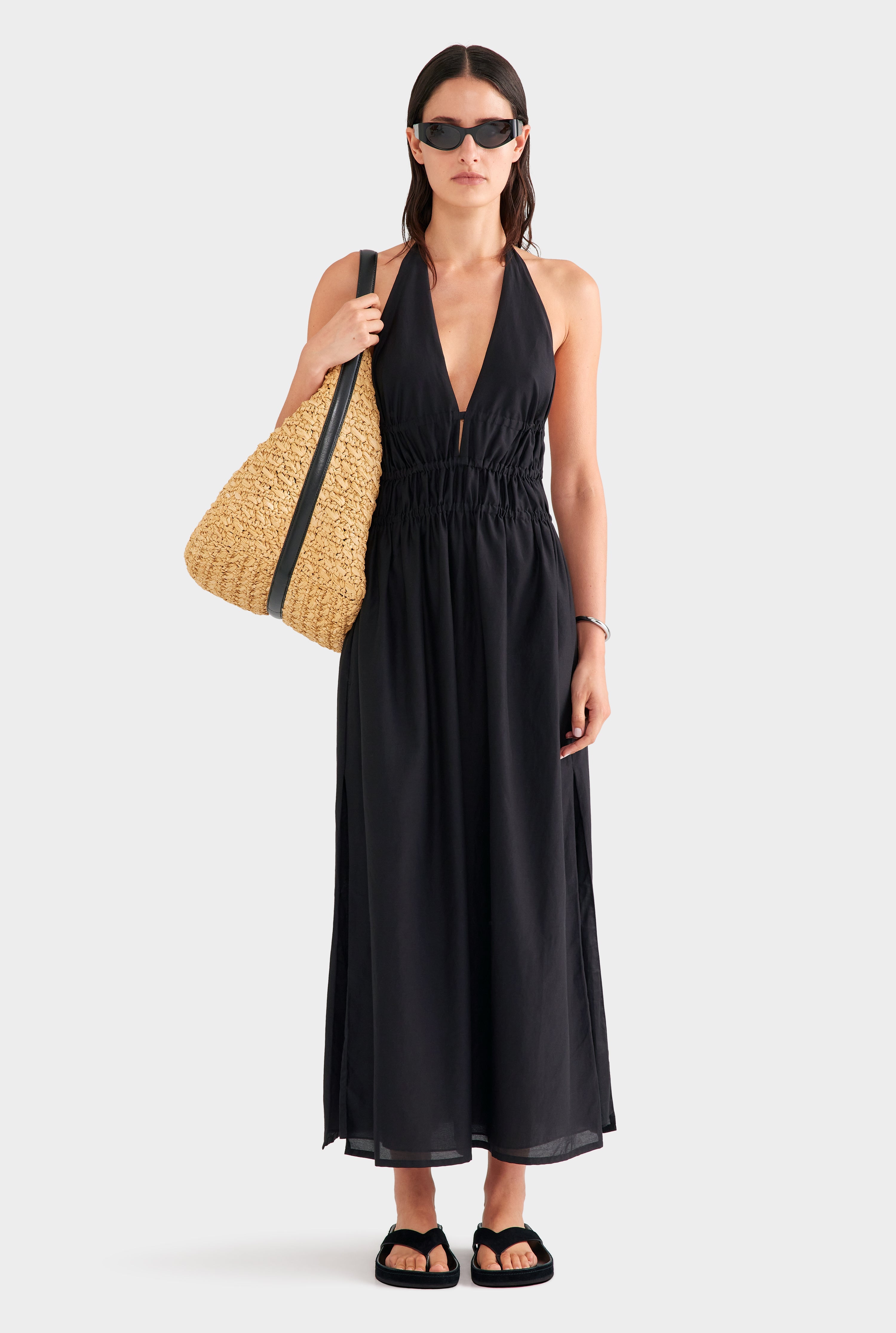 Silk Cotton Gathered Halter Maxi Dress - Black
