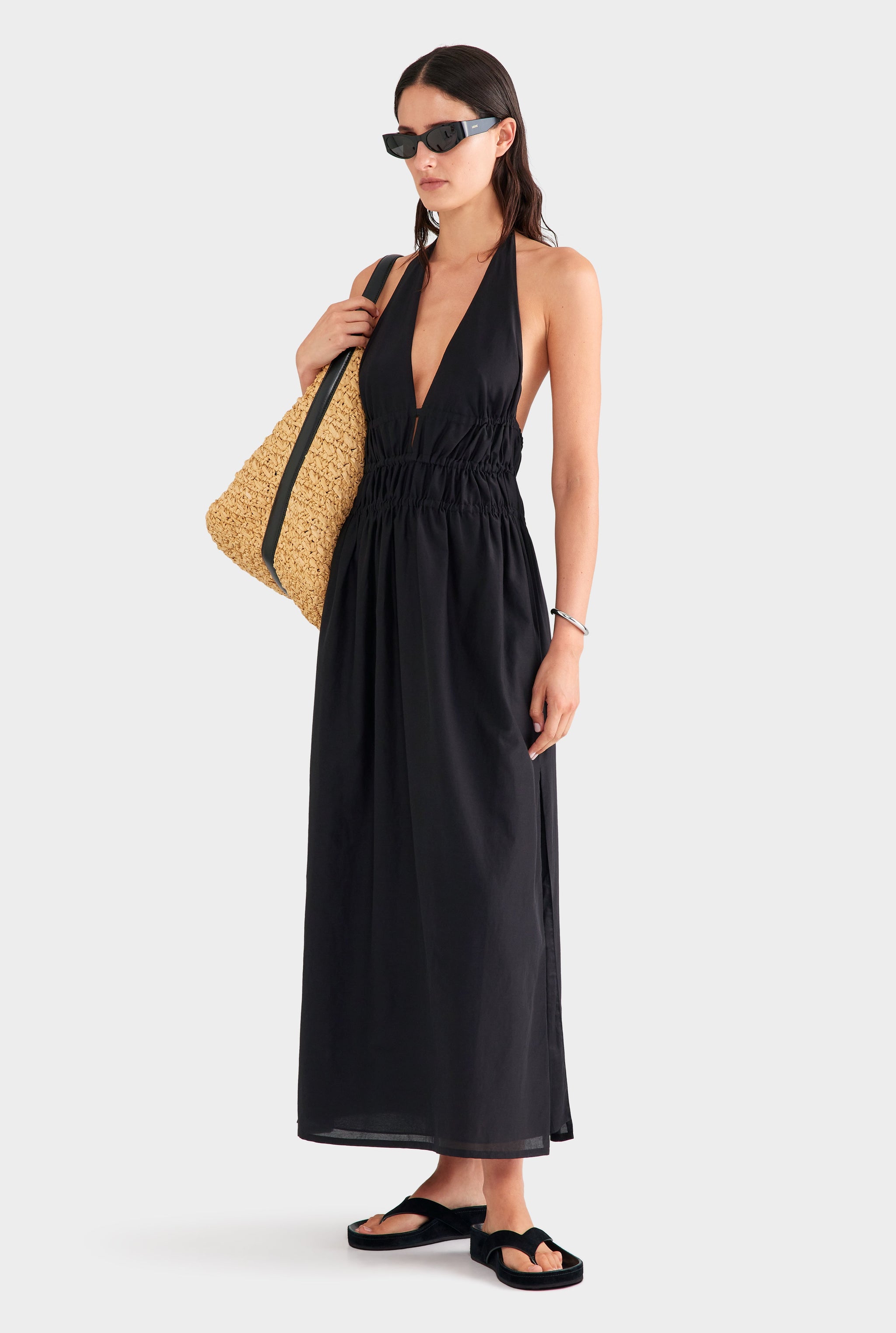 Silk Cotton Gathered Halter Maxi Dress - Black