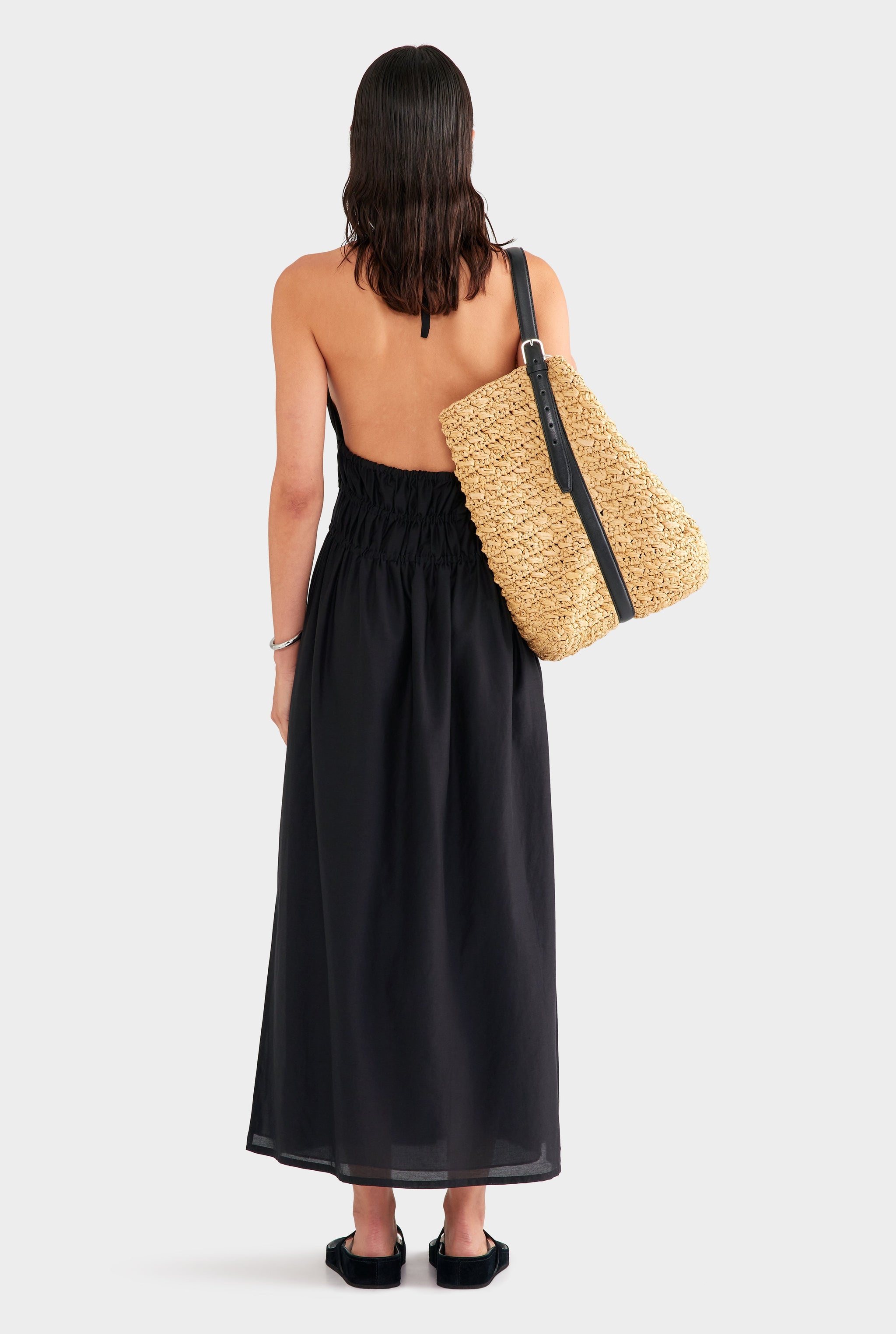 Silk Cotton Gathered Halter Maxi Dress - Black