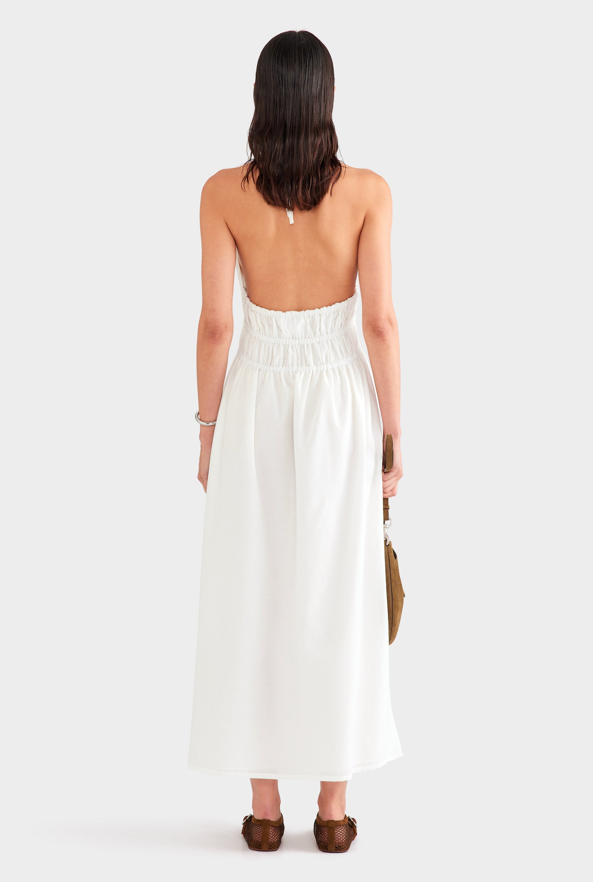 Silk Cotton Gathered Halter Maxi Dress - White