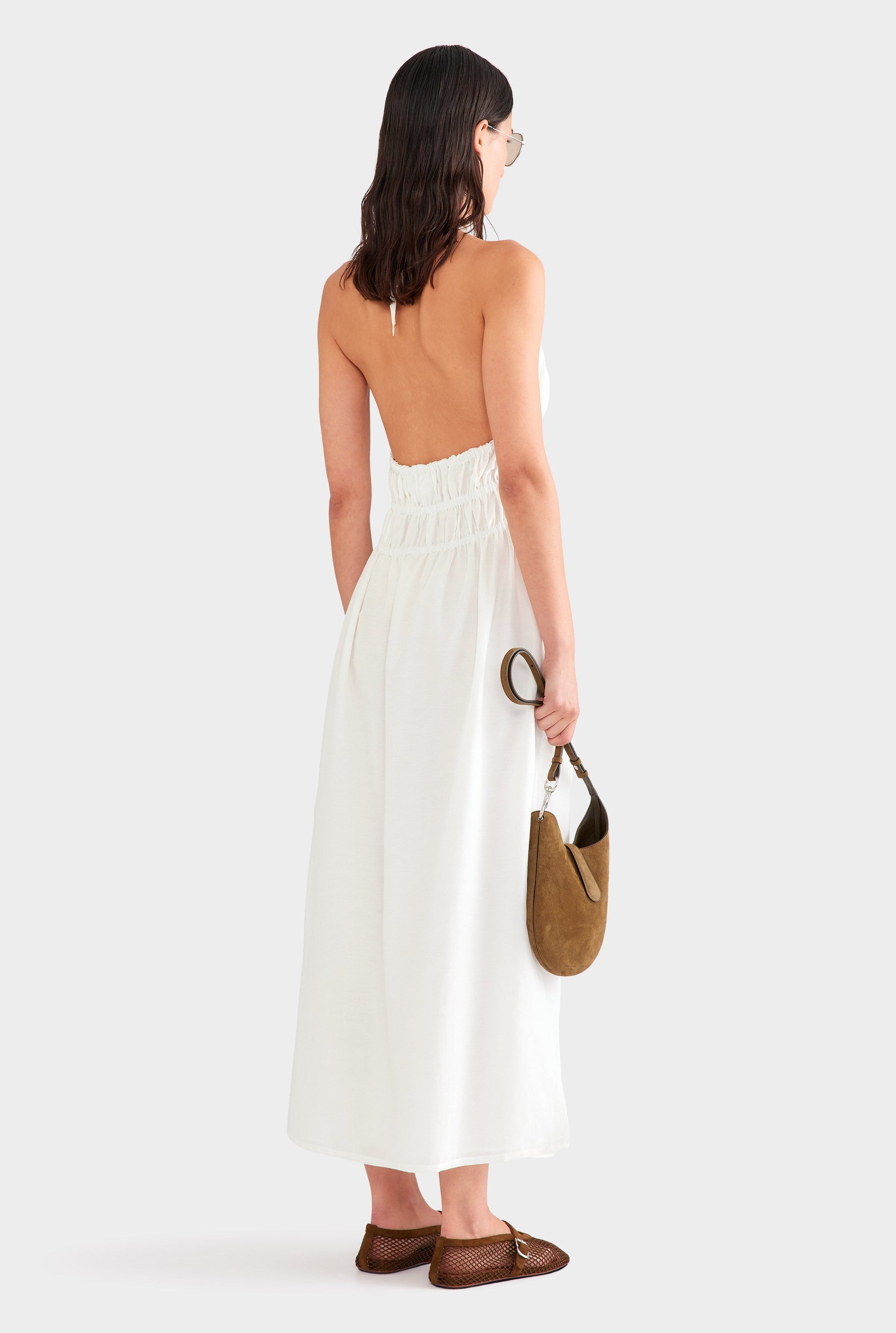 Silk Cotton Gathered Halter Maxi Dress - White