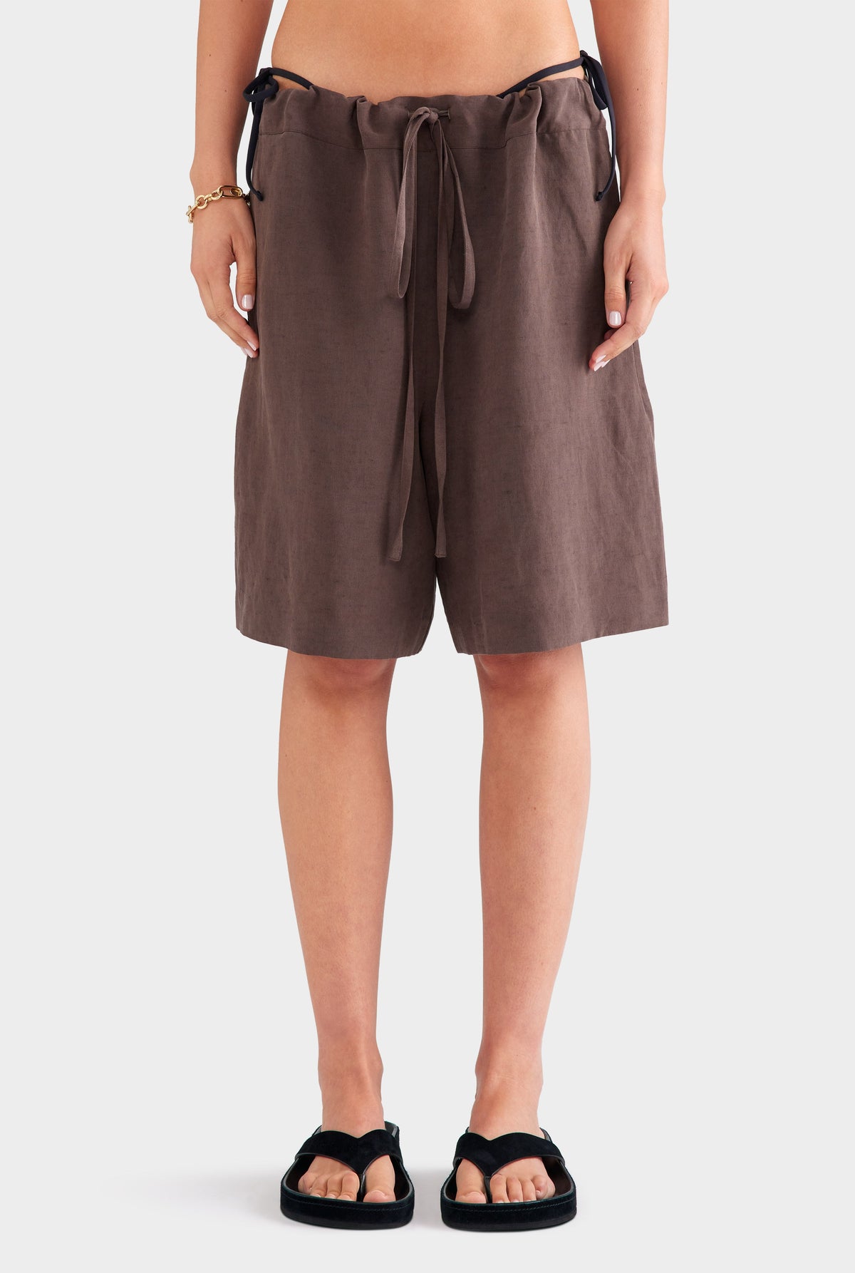 Drawstring Linen Short Set Silk Linen Drawstring Short Chocolate | Venroy – VENROY US