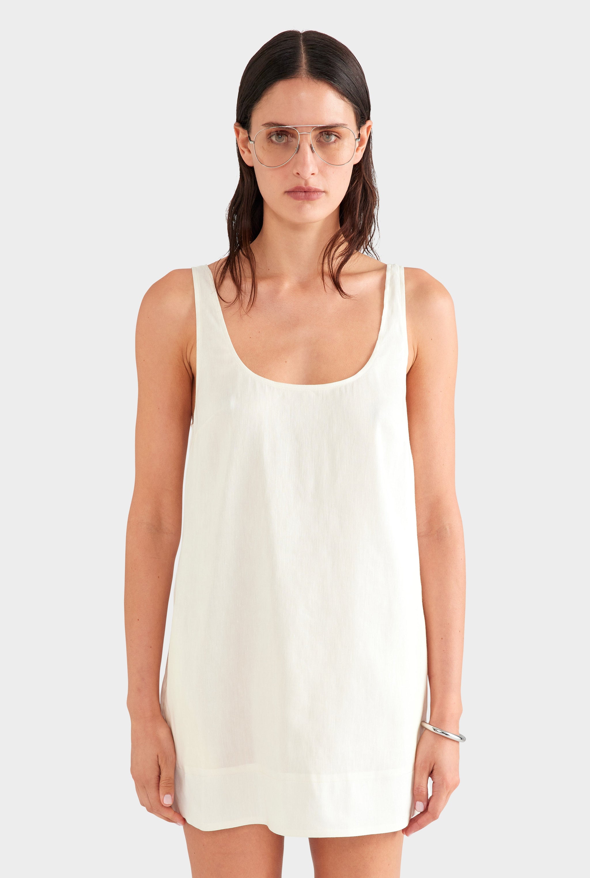 Silk Linen Shift Mini Dress - Off White