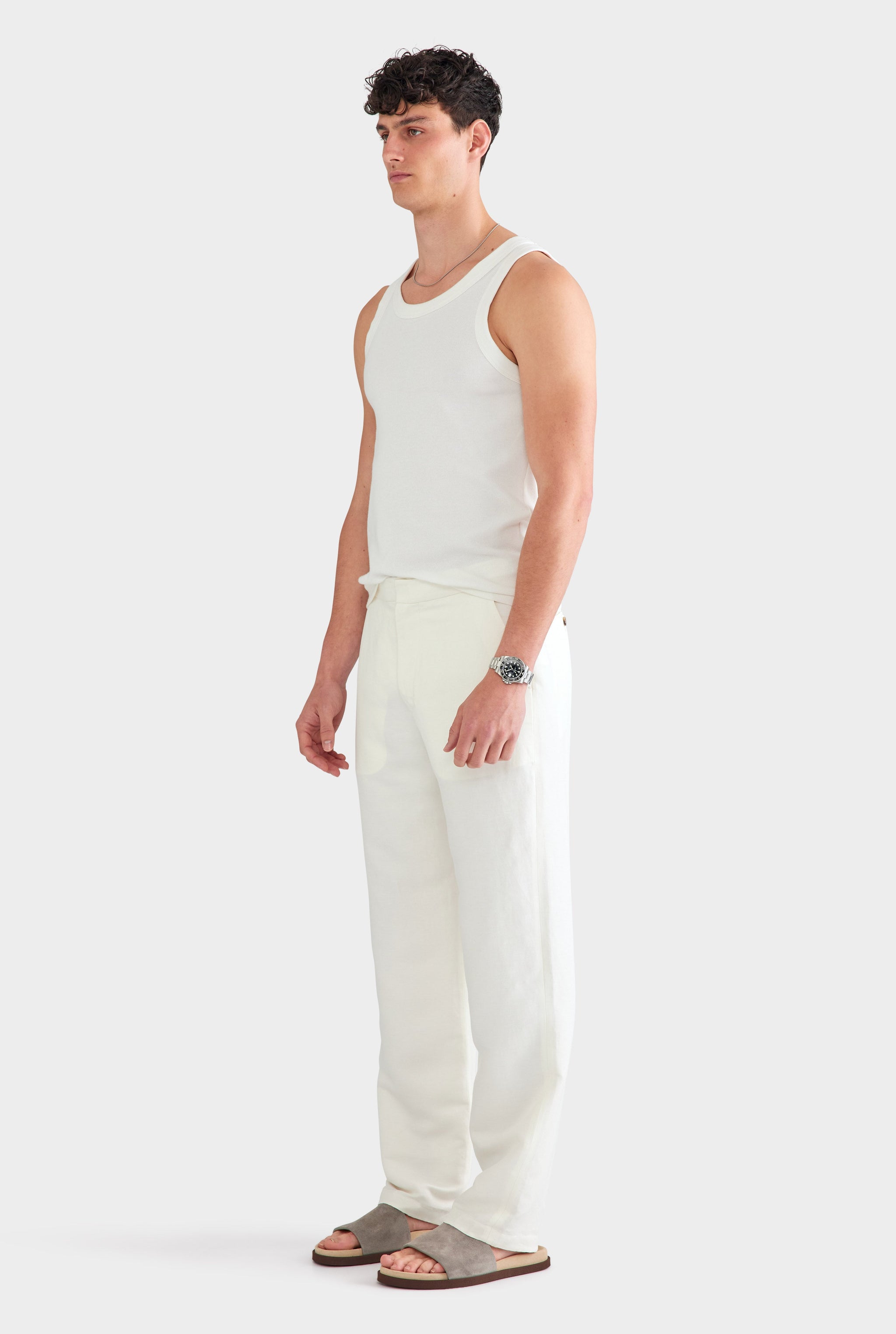 Silk Linen Side Tab Trouser - Cream