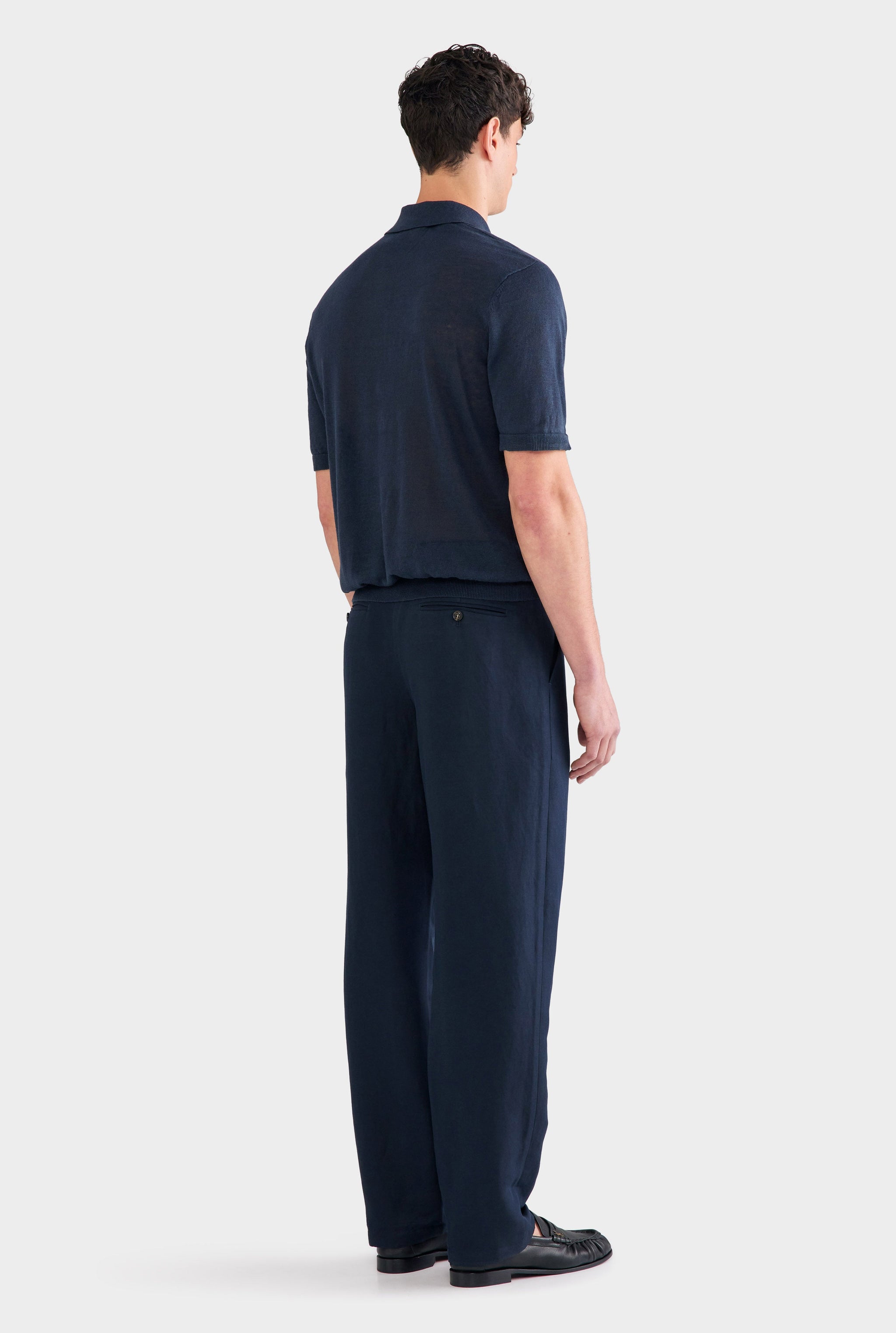 Silk Linen Side Tab Trouser - Navy
