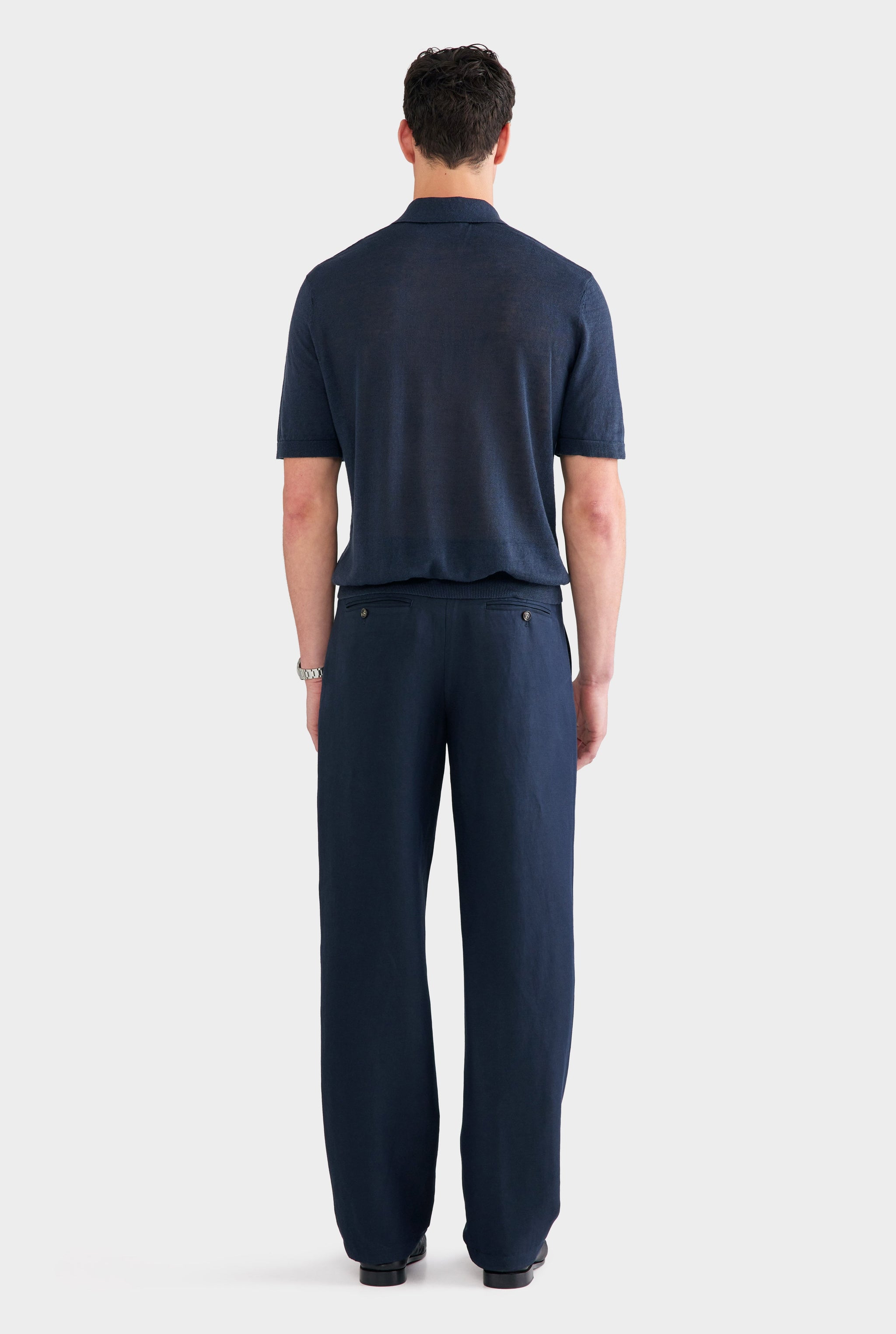 Silk Linen Side Tab Trouser - Navy