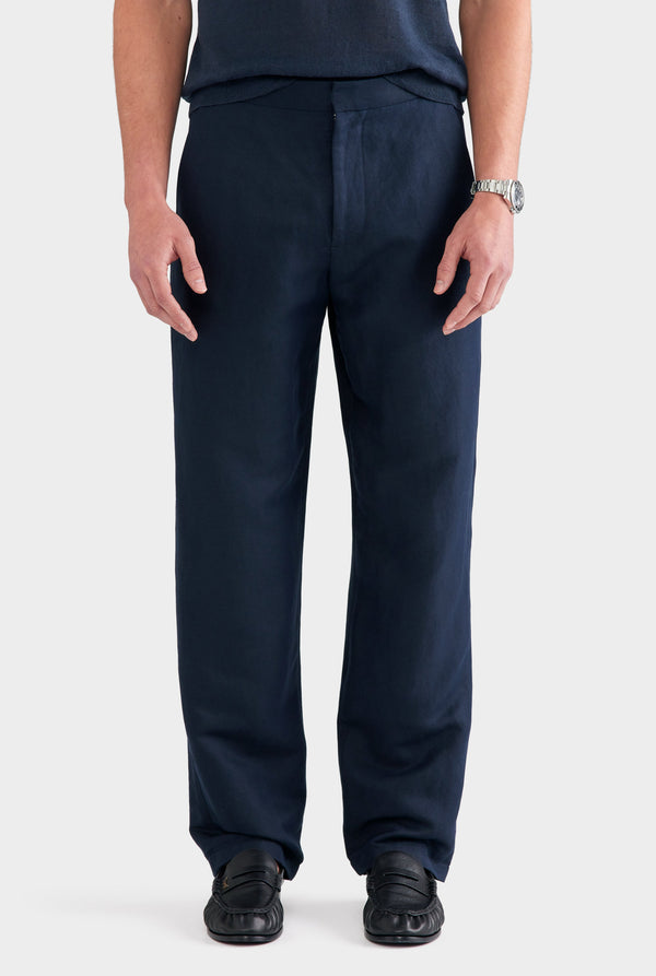 Silk Linen Side Tab Trouser - Navy