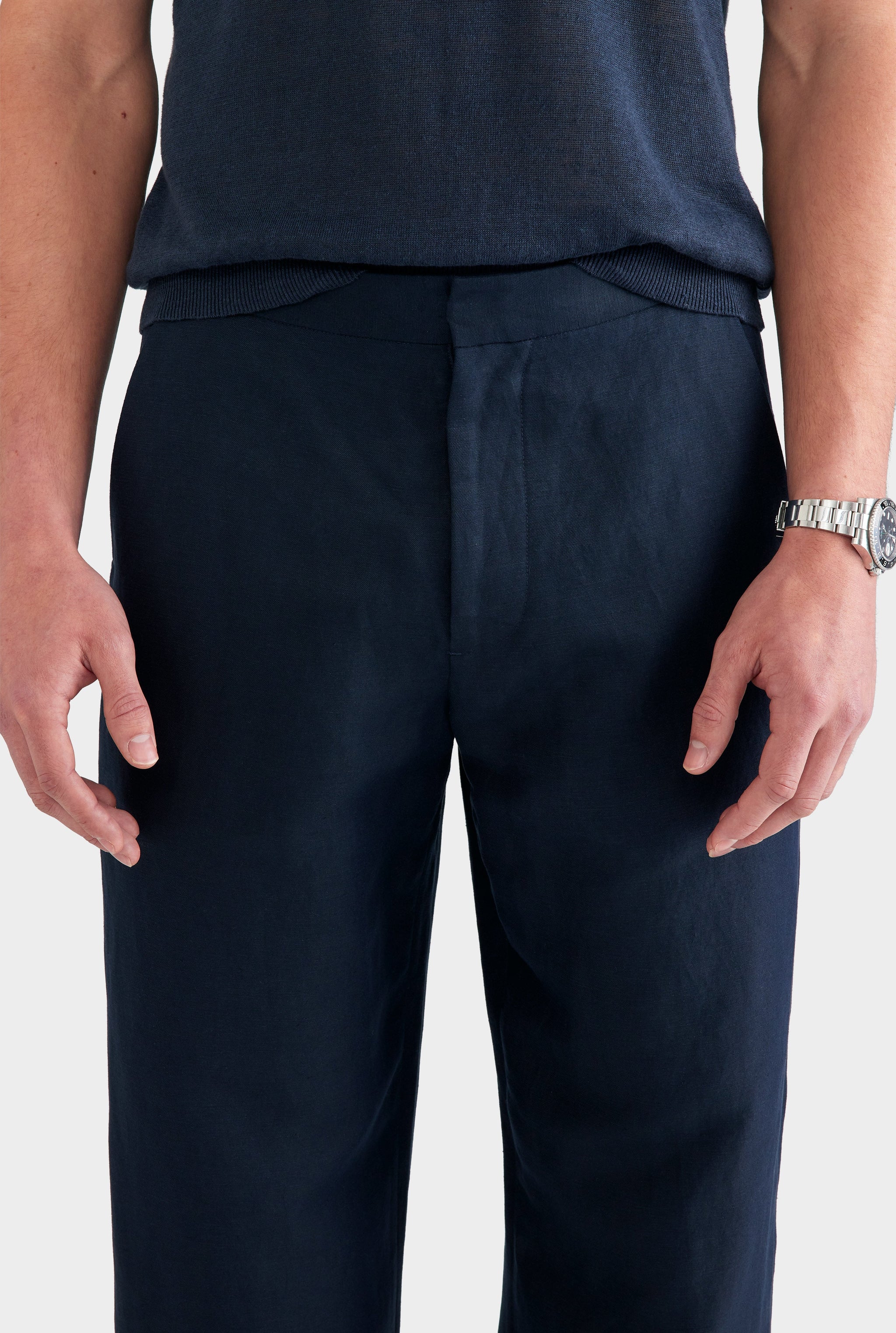 Silk Linen Side Tab Trouser - Navy