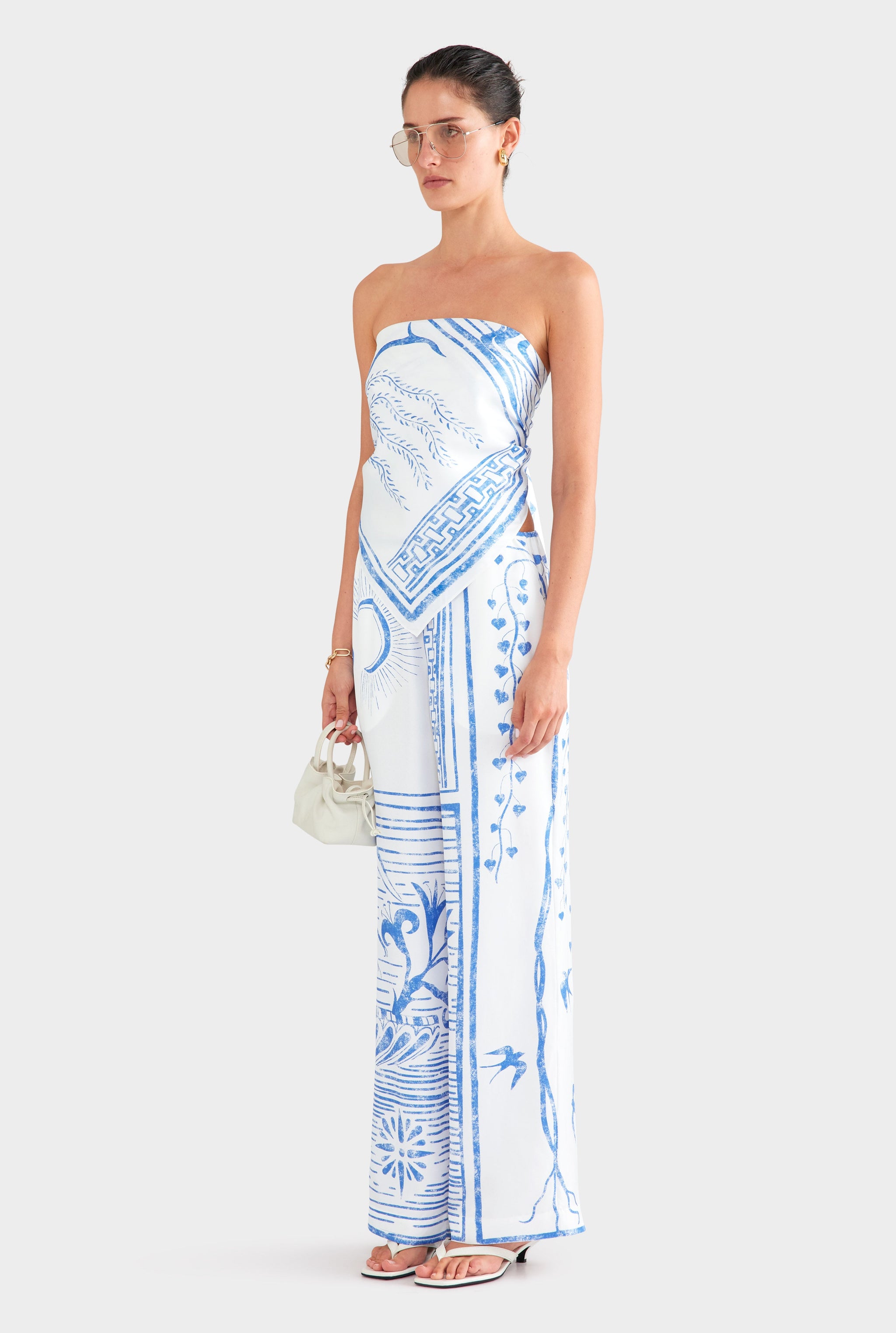 Silk Relaxed Pant - White/Blue Greek Stamp