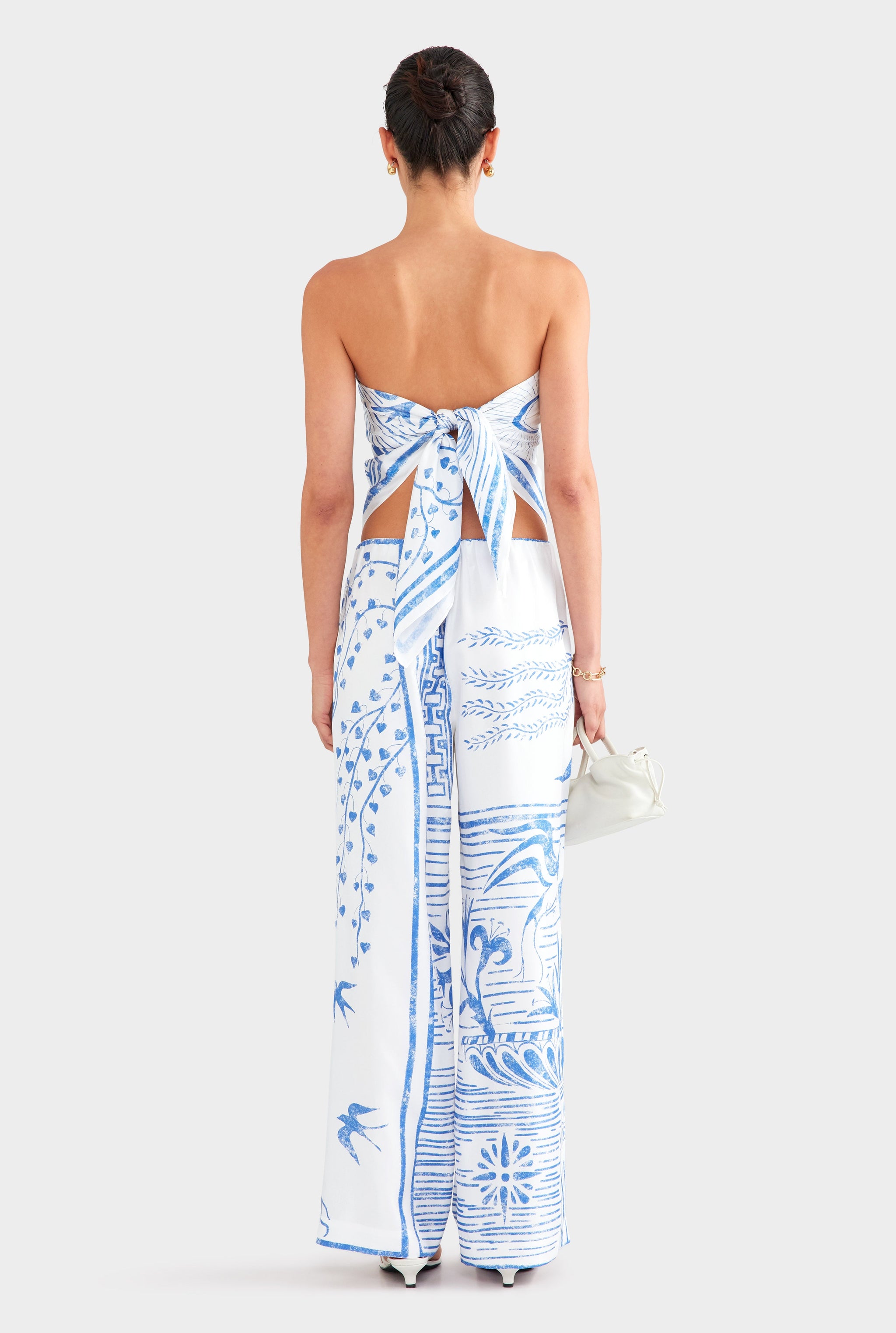 Silk Relaxed Pant - White/Blue Greek Stamp