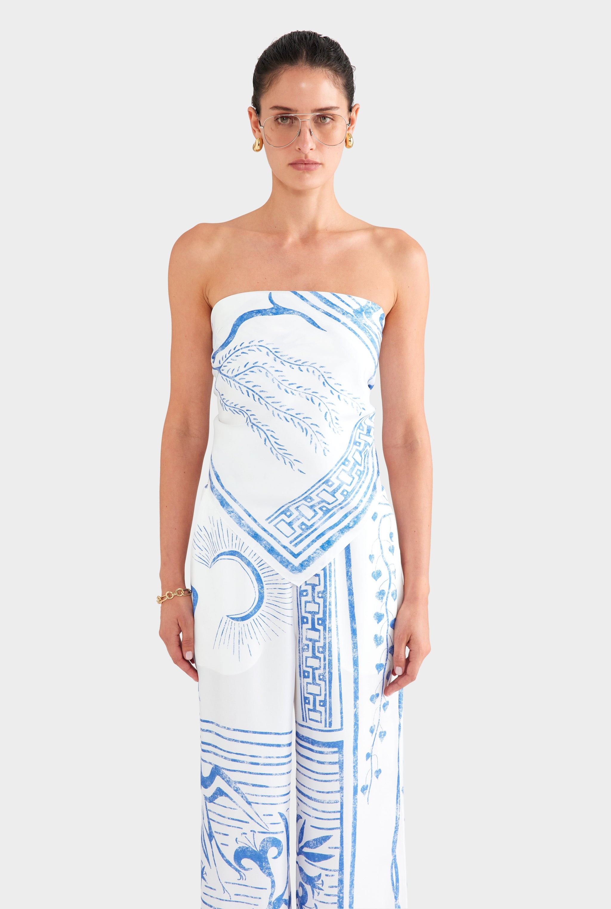 Silk Scarf - White/Blue Greek Stamp