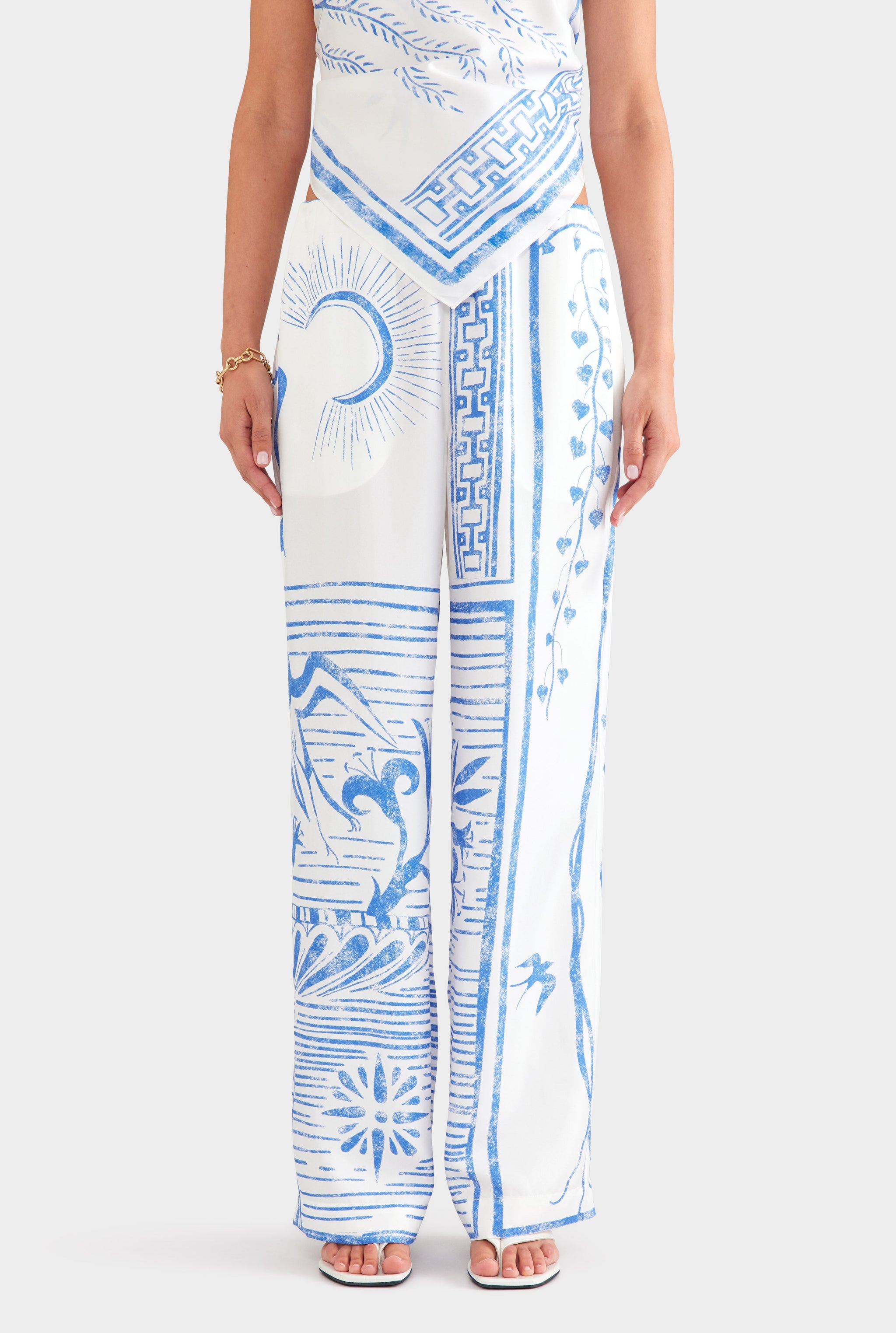 Silk Relaxed Pant - White/Blue Greek Stamp