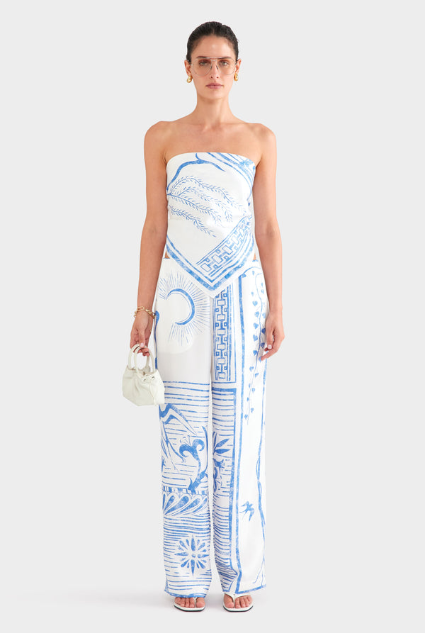 Silk Relaxed Pant - White/Blue Greek Stamp