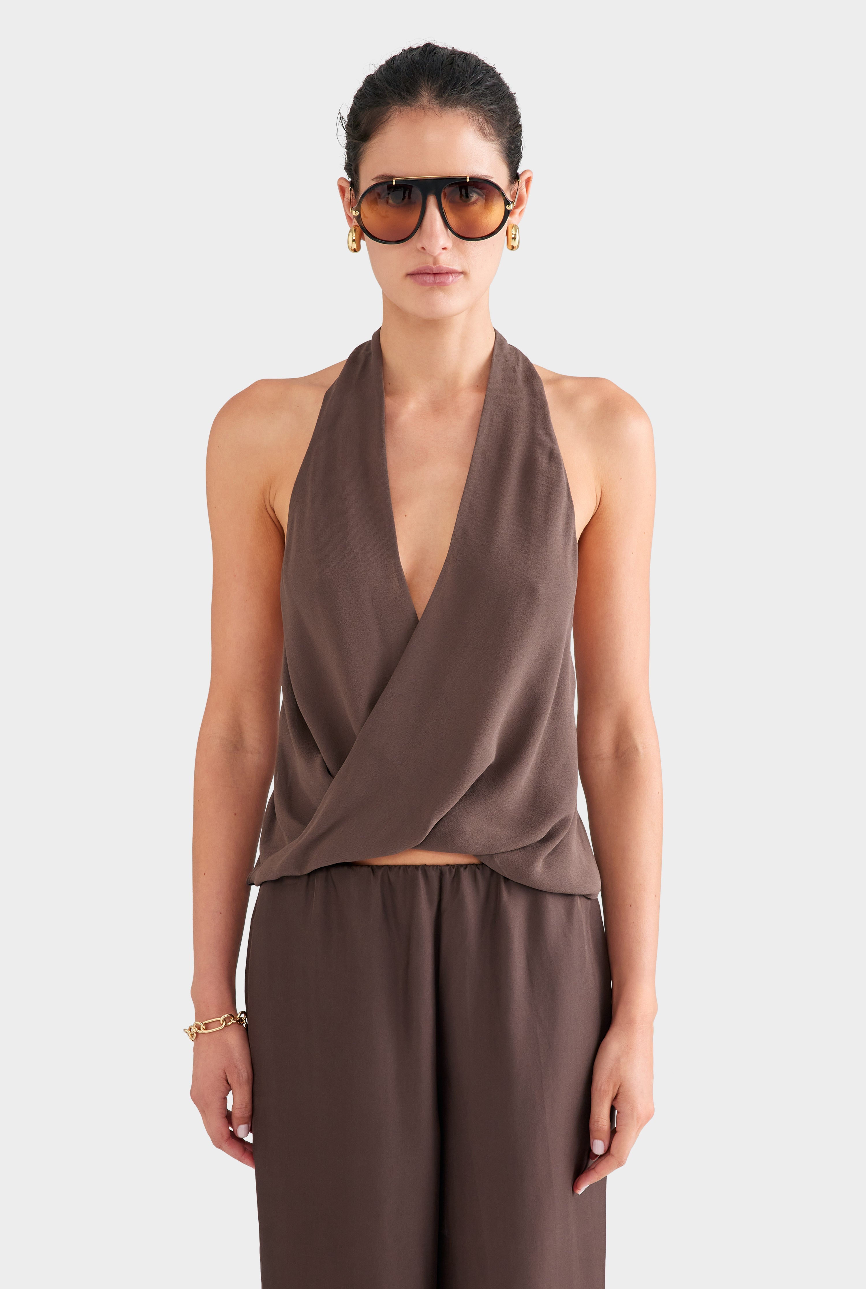 Silk Twist Plunge Top - Chocolate