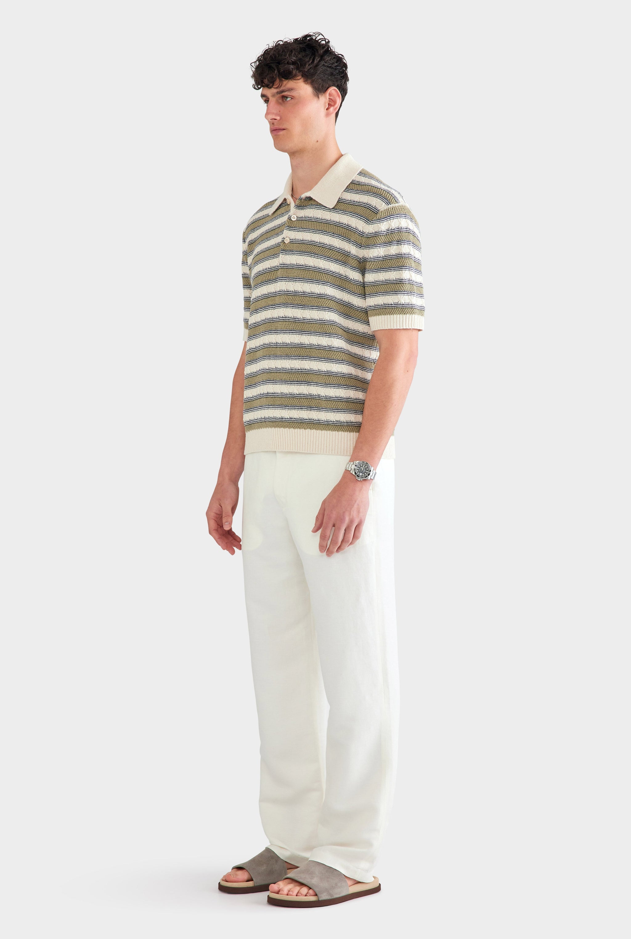 Textured Cotton Linen Knit Polo - Natural/Dark Blue/Sage Stripe