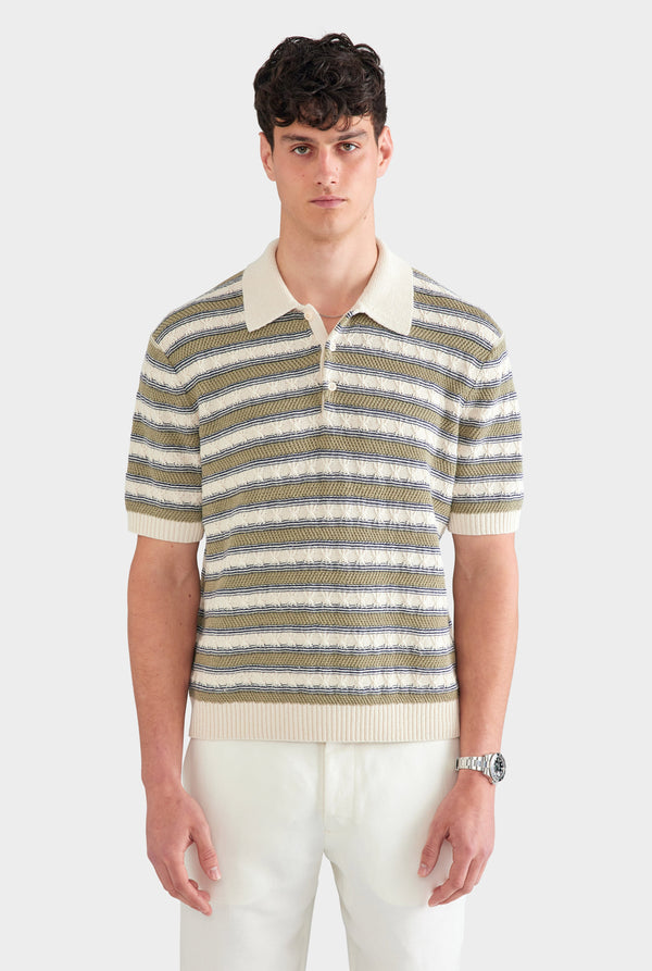 Textured Cotton Linen Knit Polo - Natural/Dark Blue/Sage Stripe