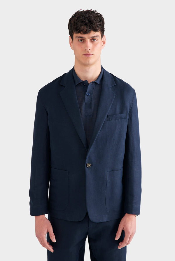 Unstructured Silk Linen Blazer - Navy