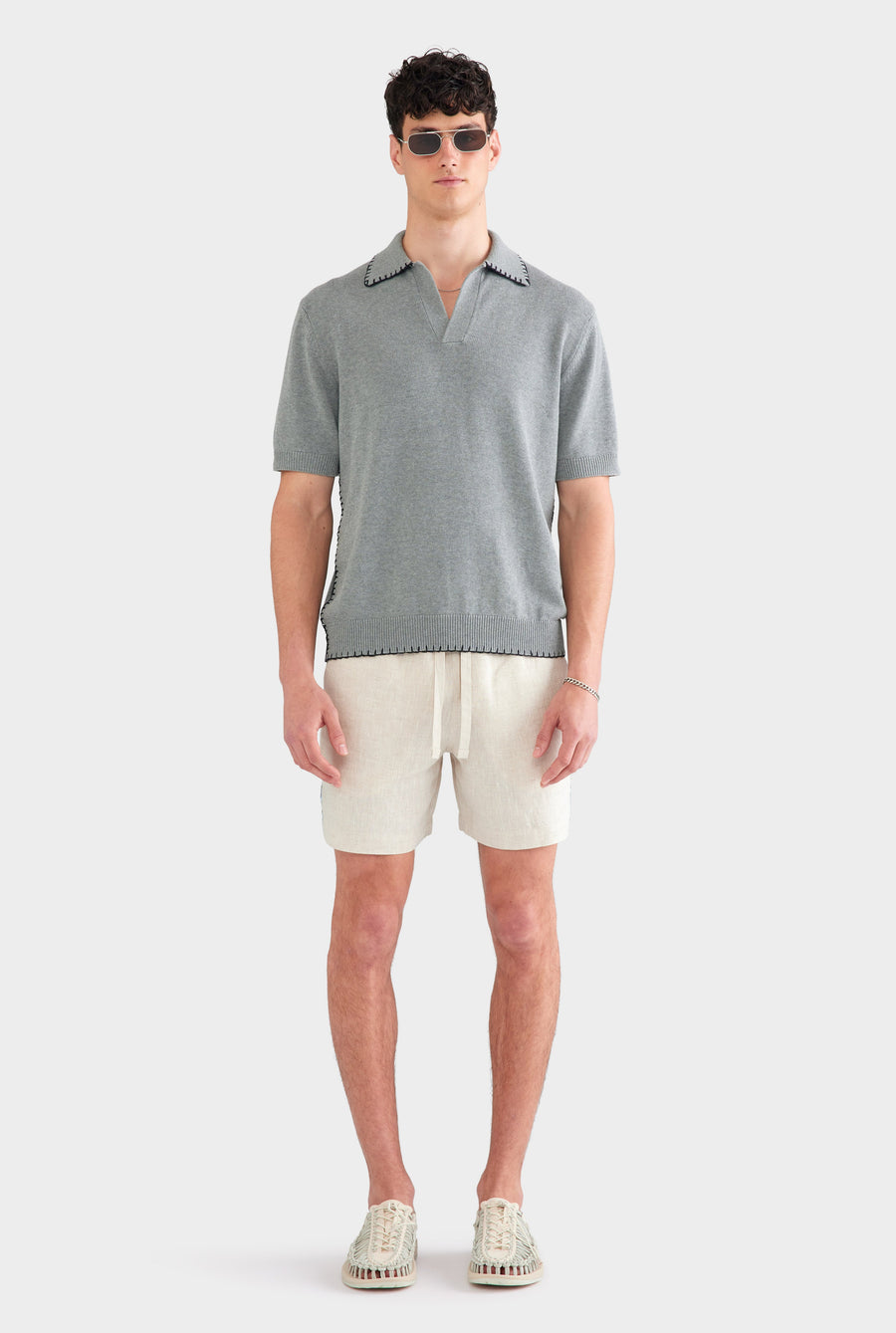 Whipstitch Chunky Cotton Knit Polo - Grey Marl/Black