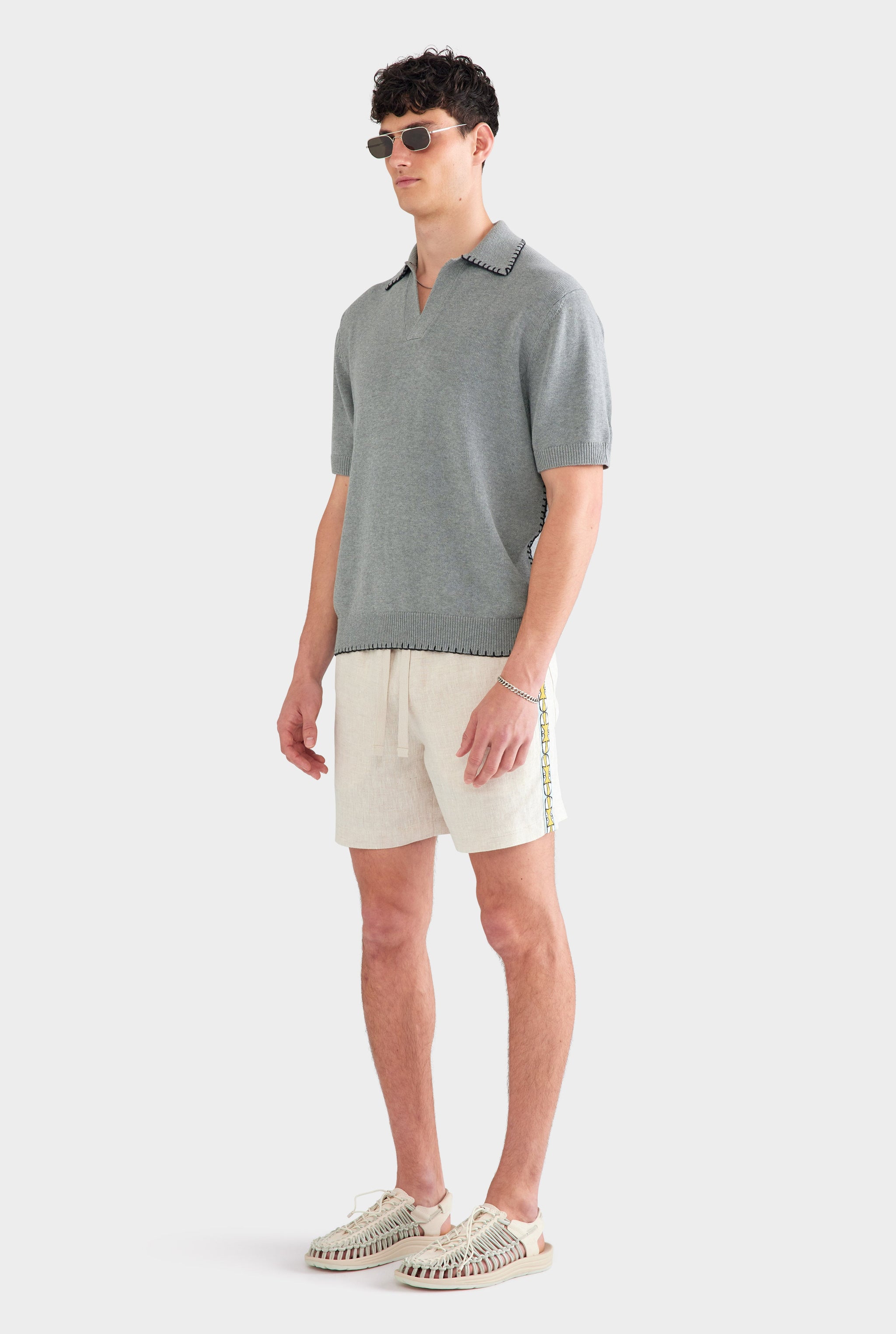 Whipstitch Chunky Cotton Knit Polo - Grey Marl/Black