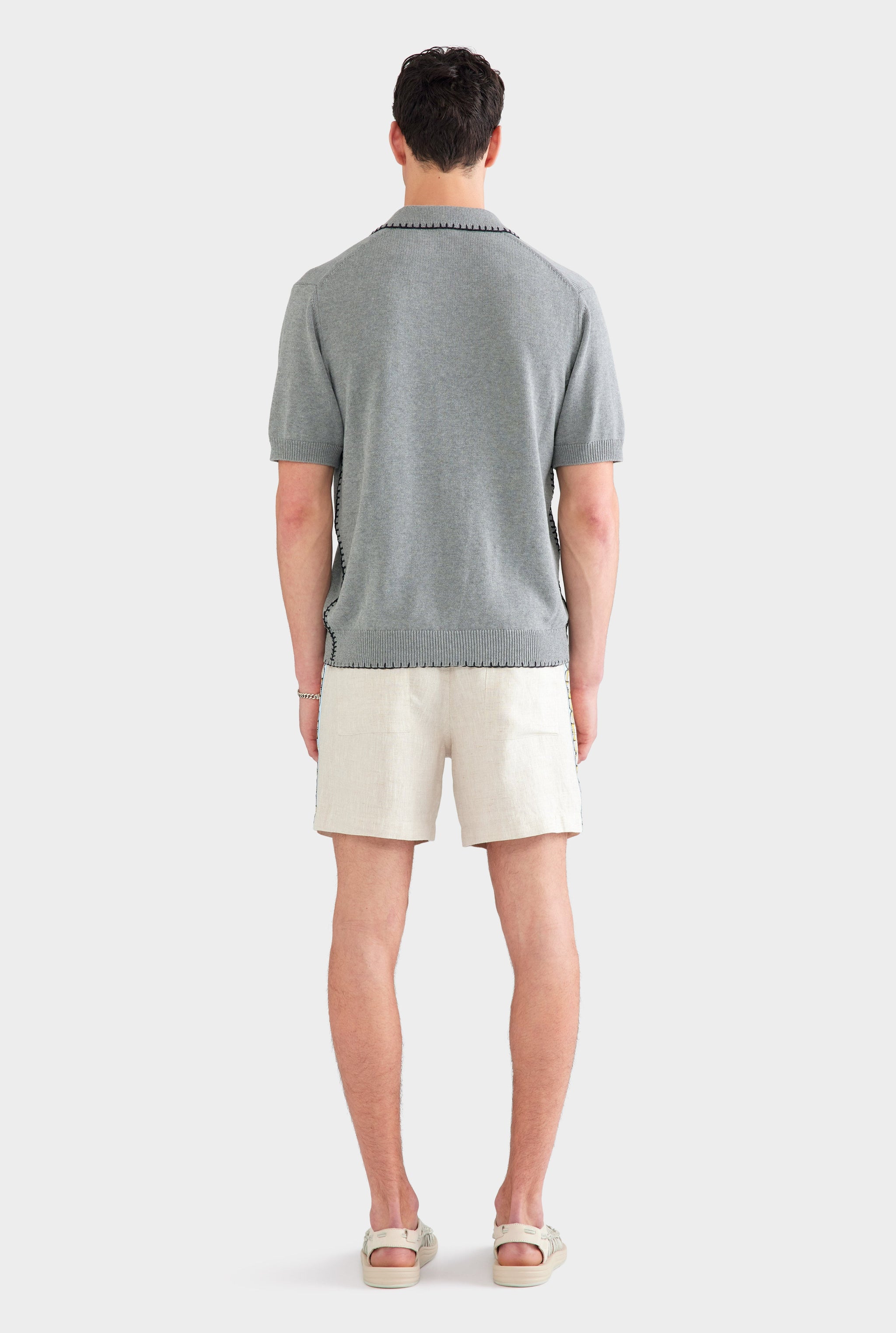 Whipstitch Chunky Cotton Knit Polo - Grey Marl/Black