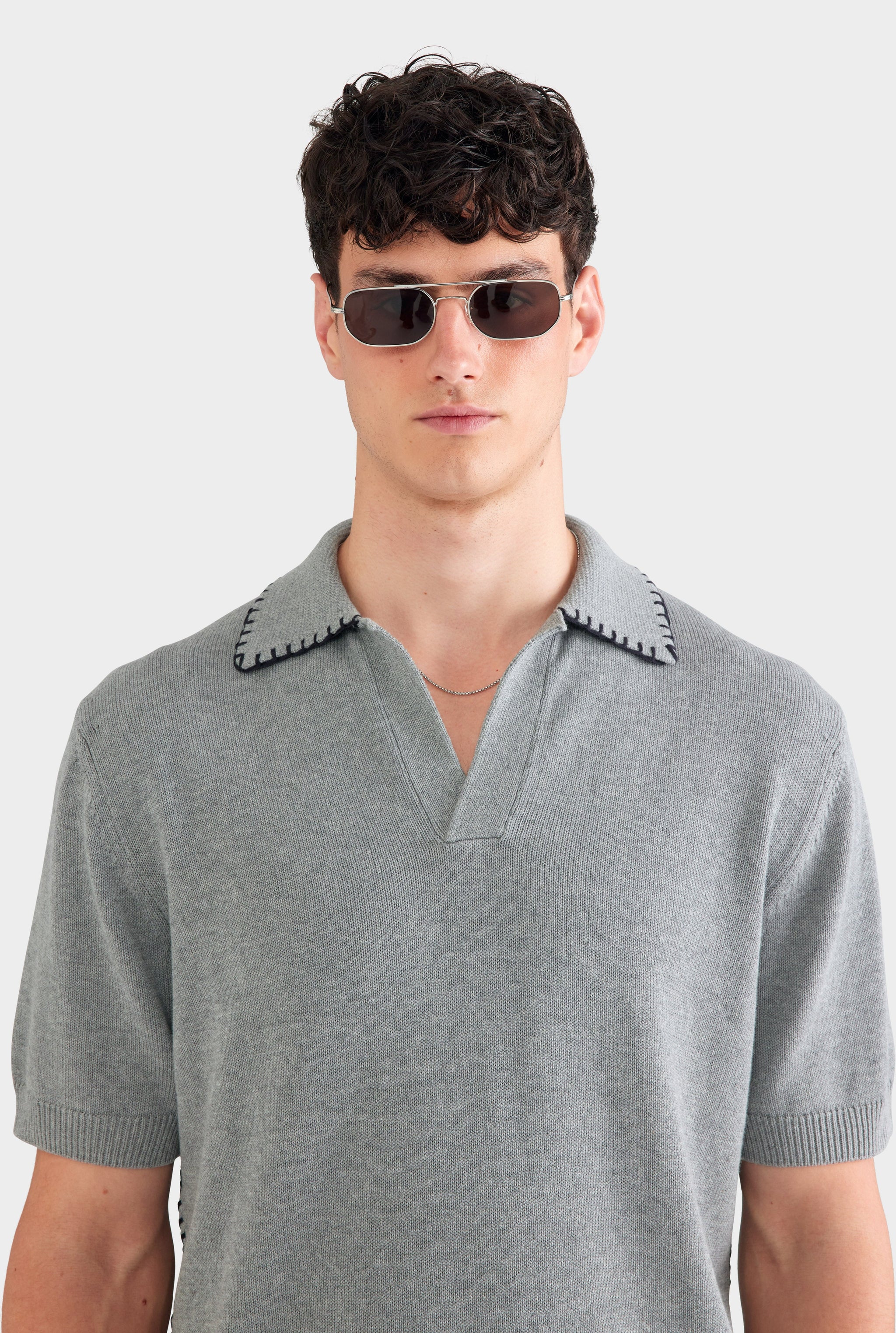 Whipstitch Chunky Cotton Knit Polo - Grey Marl/Black
