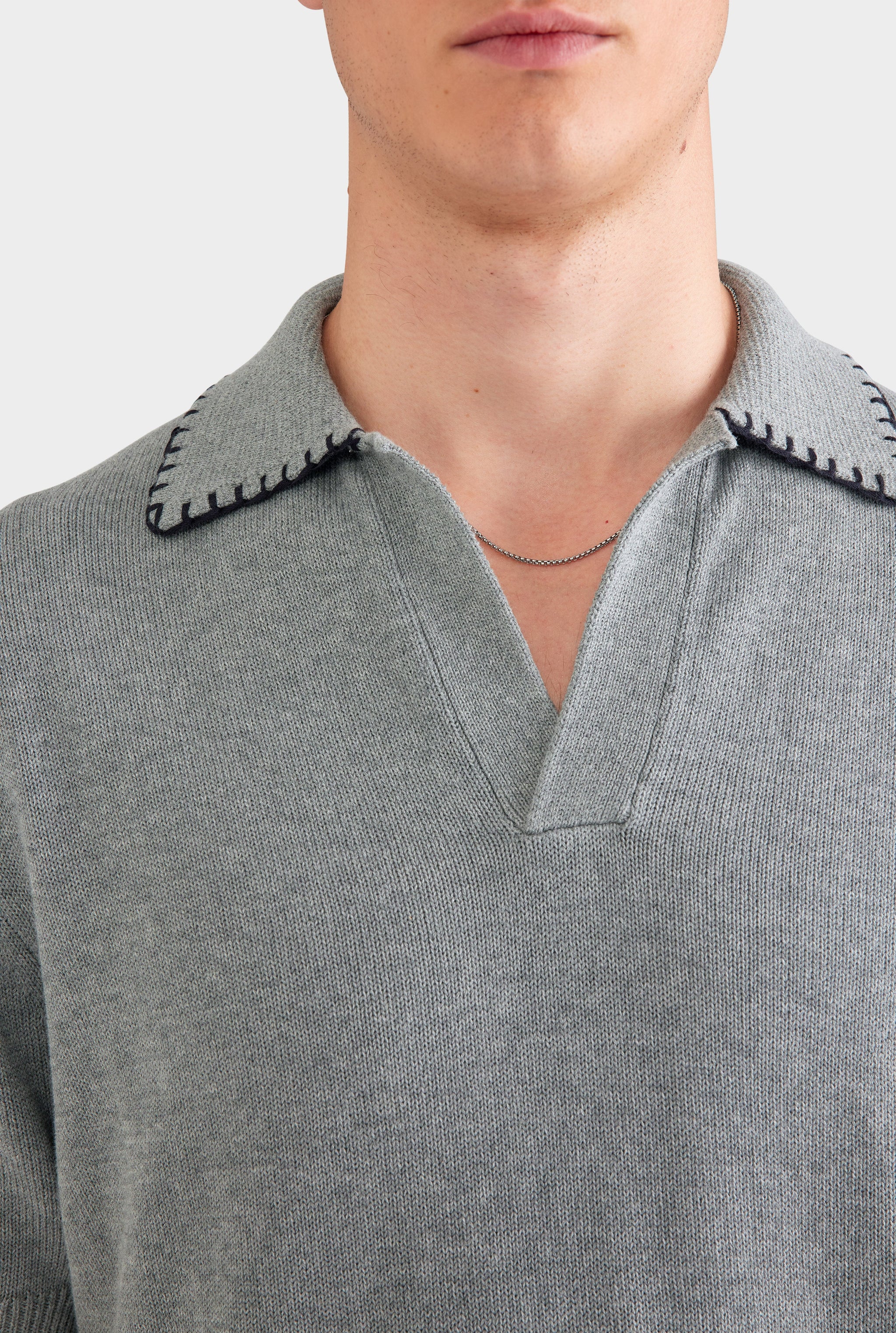 Whipstitch Chunky Cotton Knit Polo - Grey Marl/Black