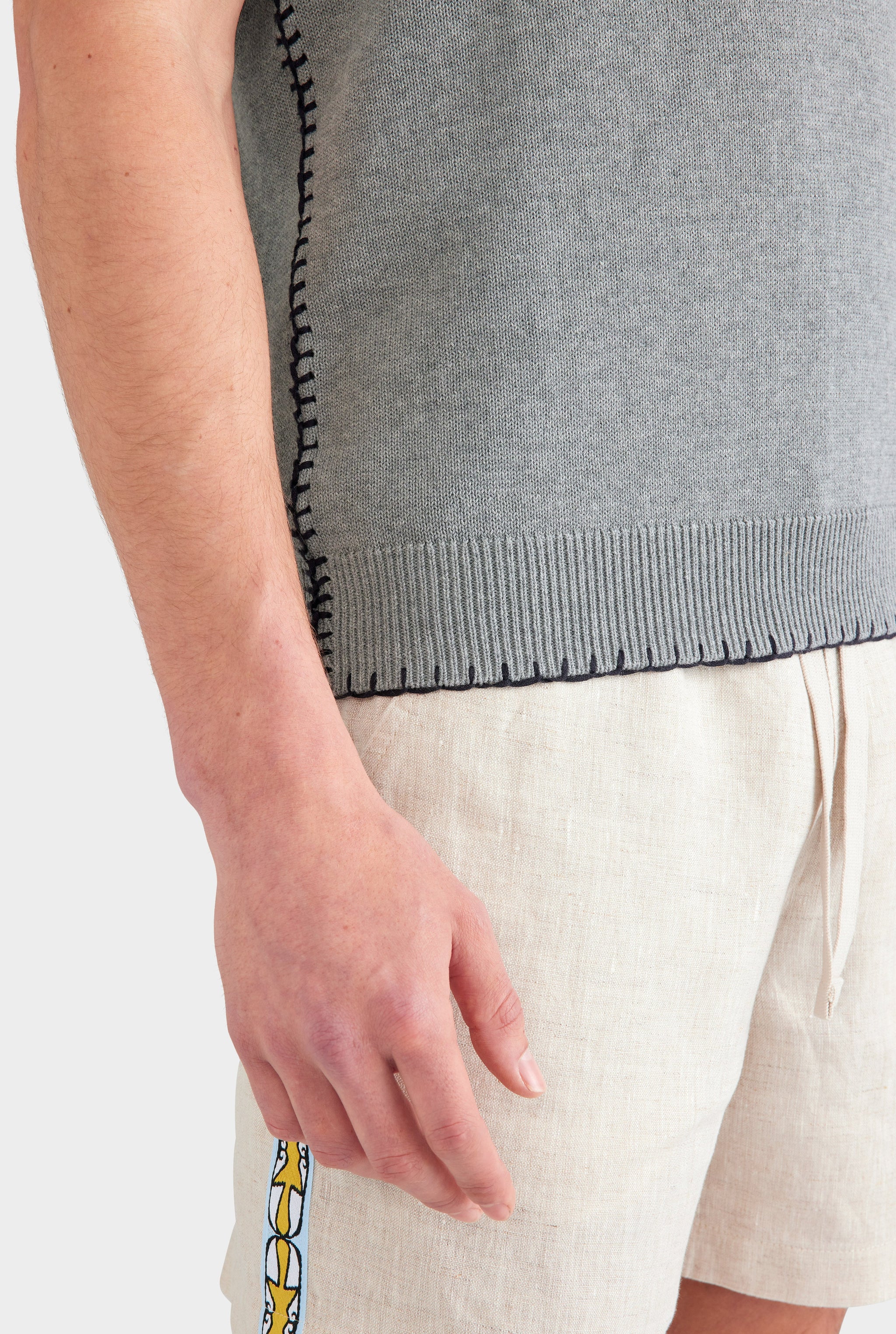 Whipstitch Chunky Cotton Knit Polo - Grey Marl/Black