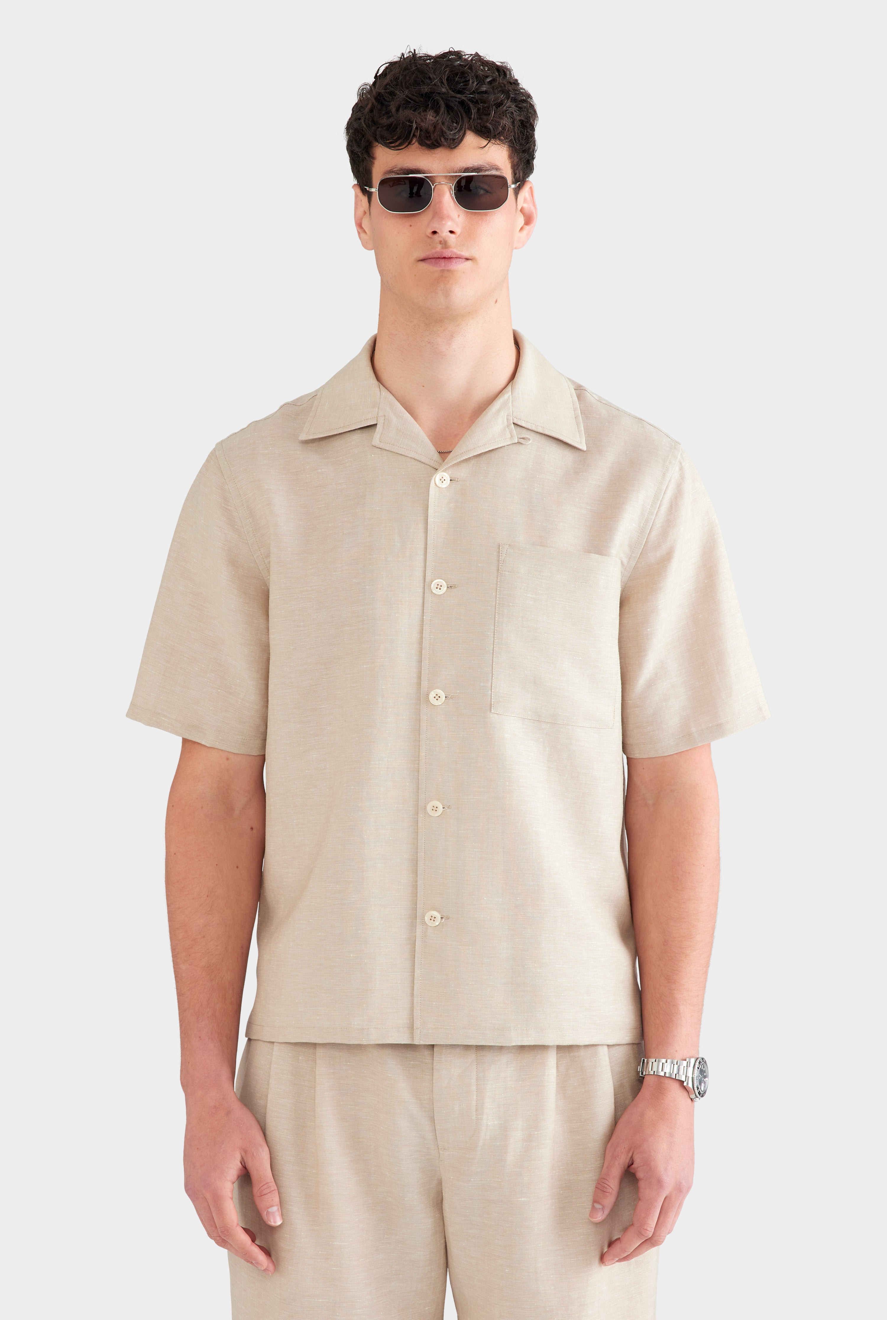 Wool Linen Camp Collar Shirt - Stone