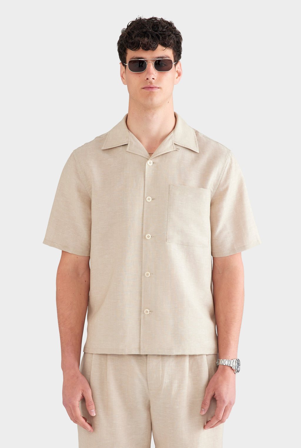 Wool Linen Camp Collar Shirt - Stone