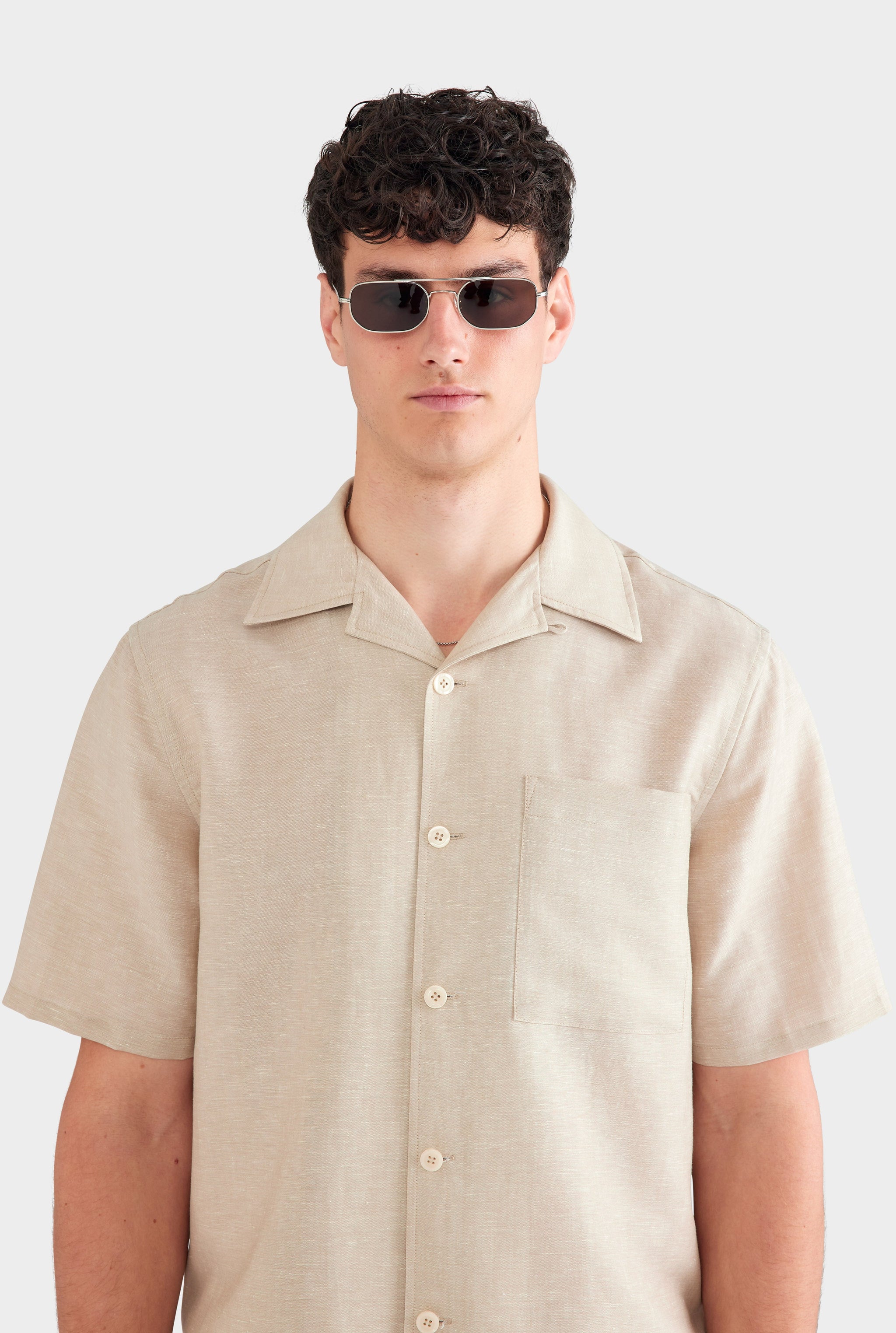 Wool Linen Camp Collar Shirt - Stone
