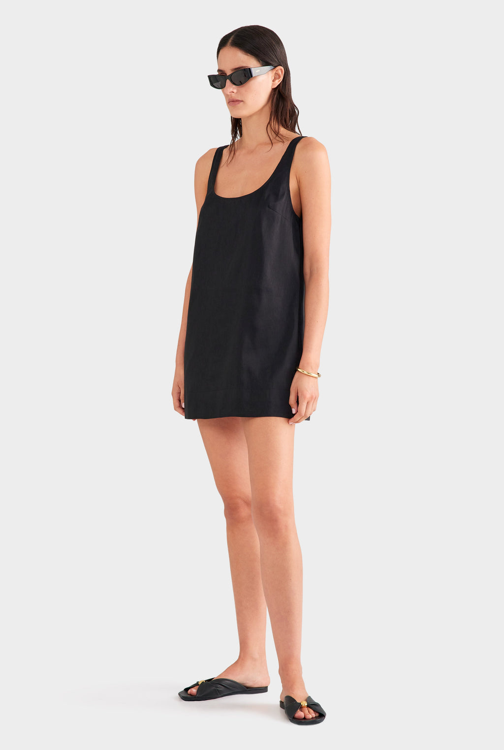 Silk Linen Shift Mini Dress - Black