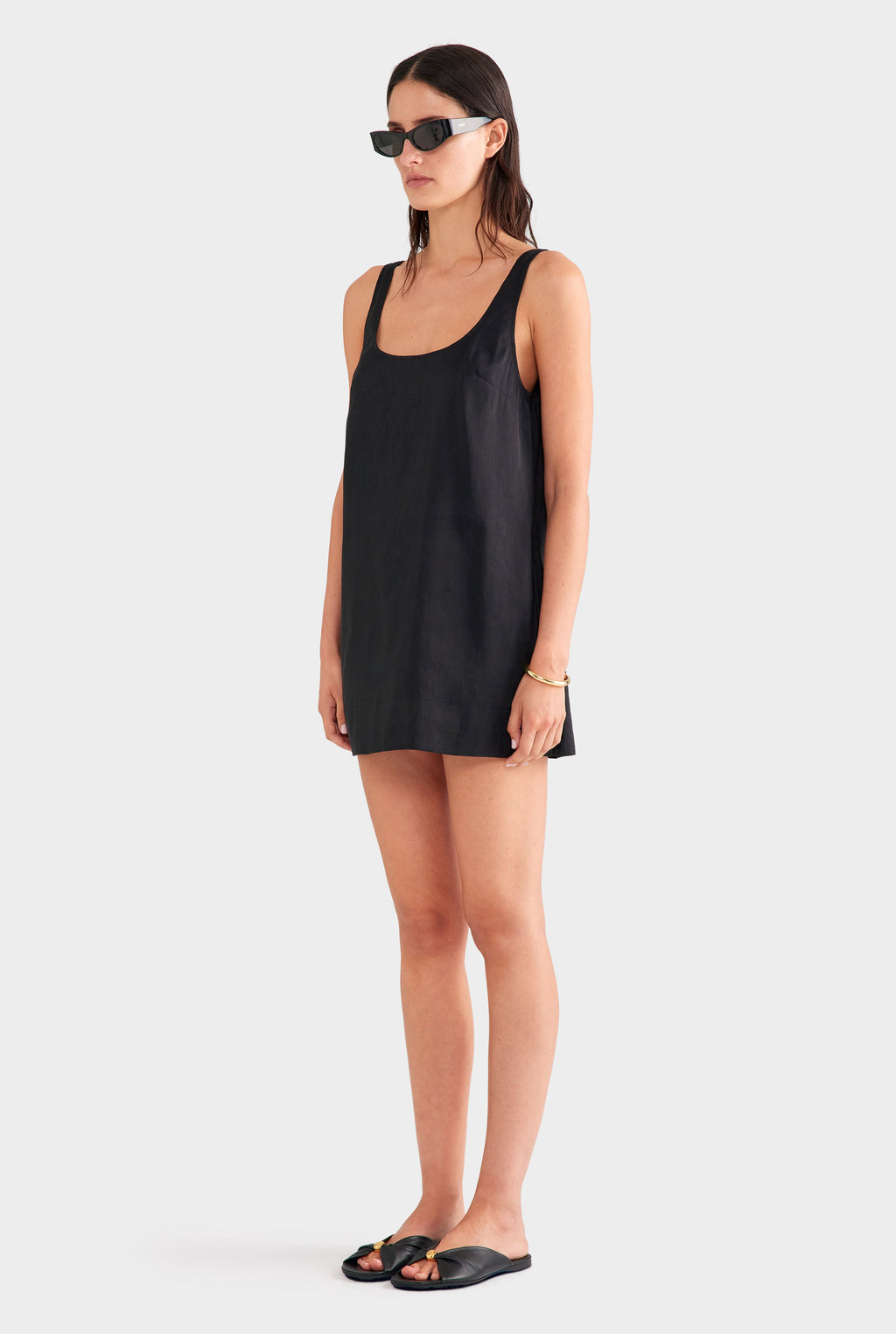 Silk Linen Shift Mini Dress - Black
