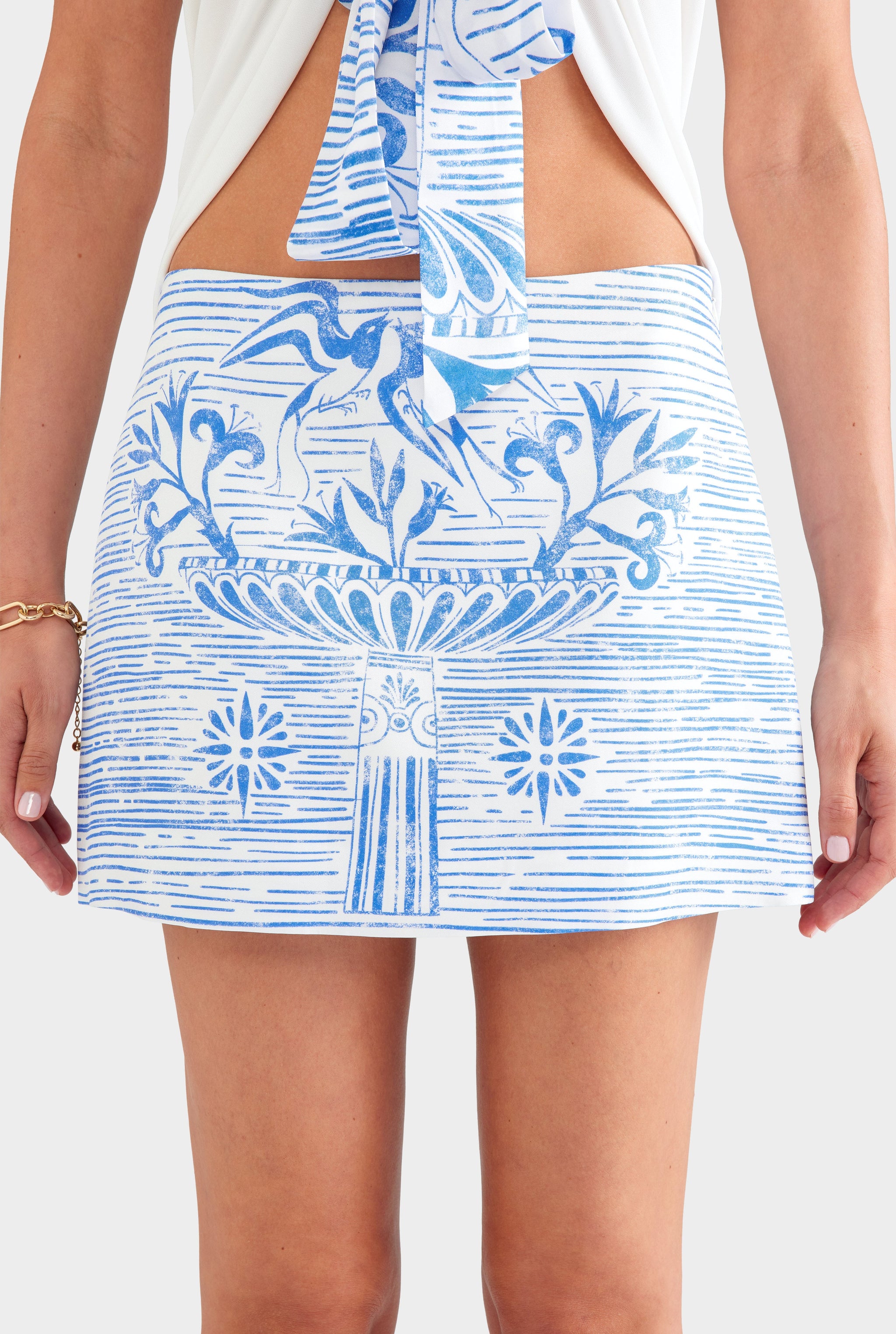 Silk Mini Skirt - White/Blue Greek Stamp