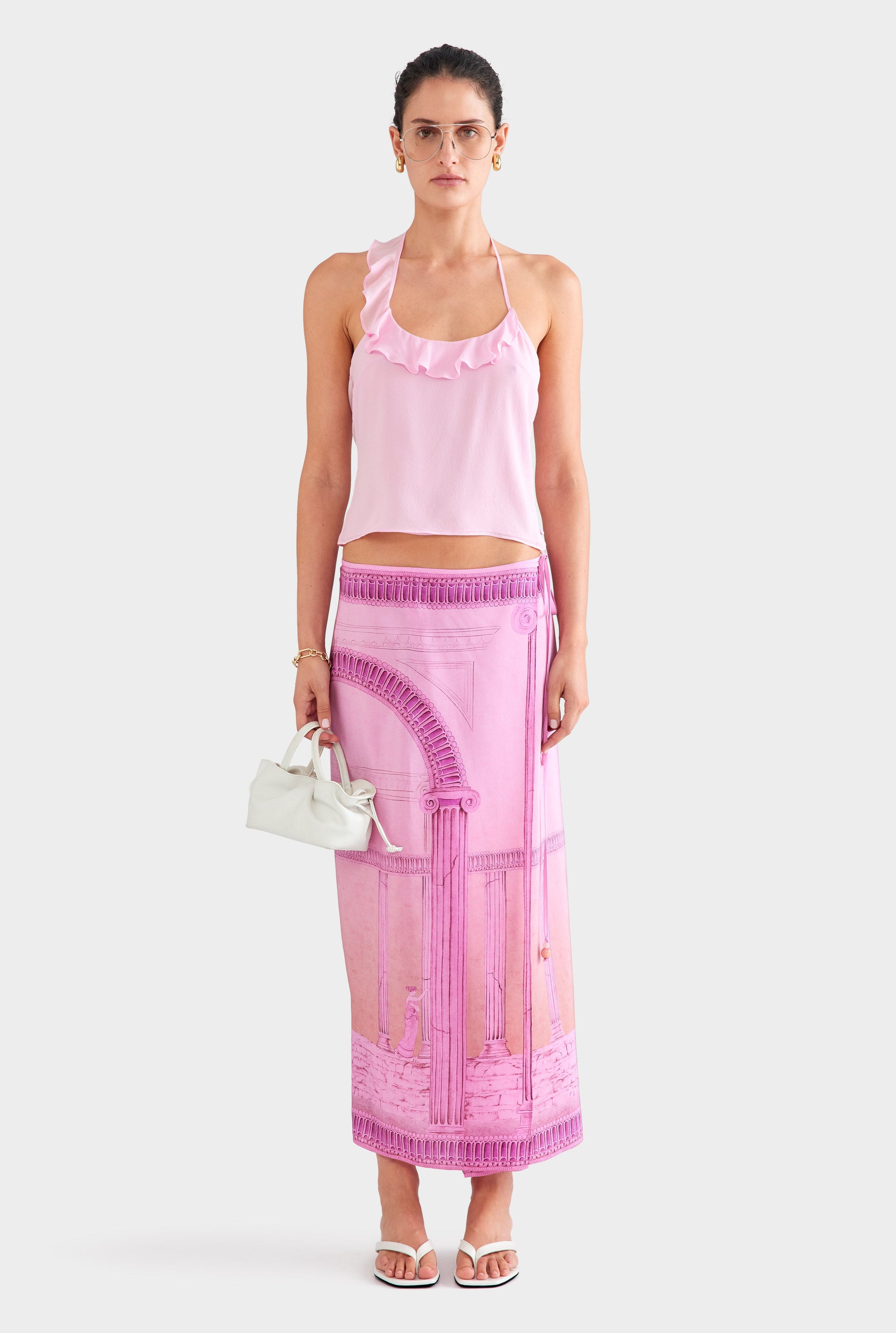 Asymmetric Ruffle Halter Top - Pink