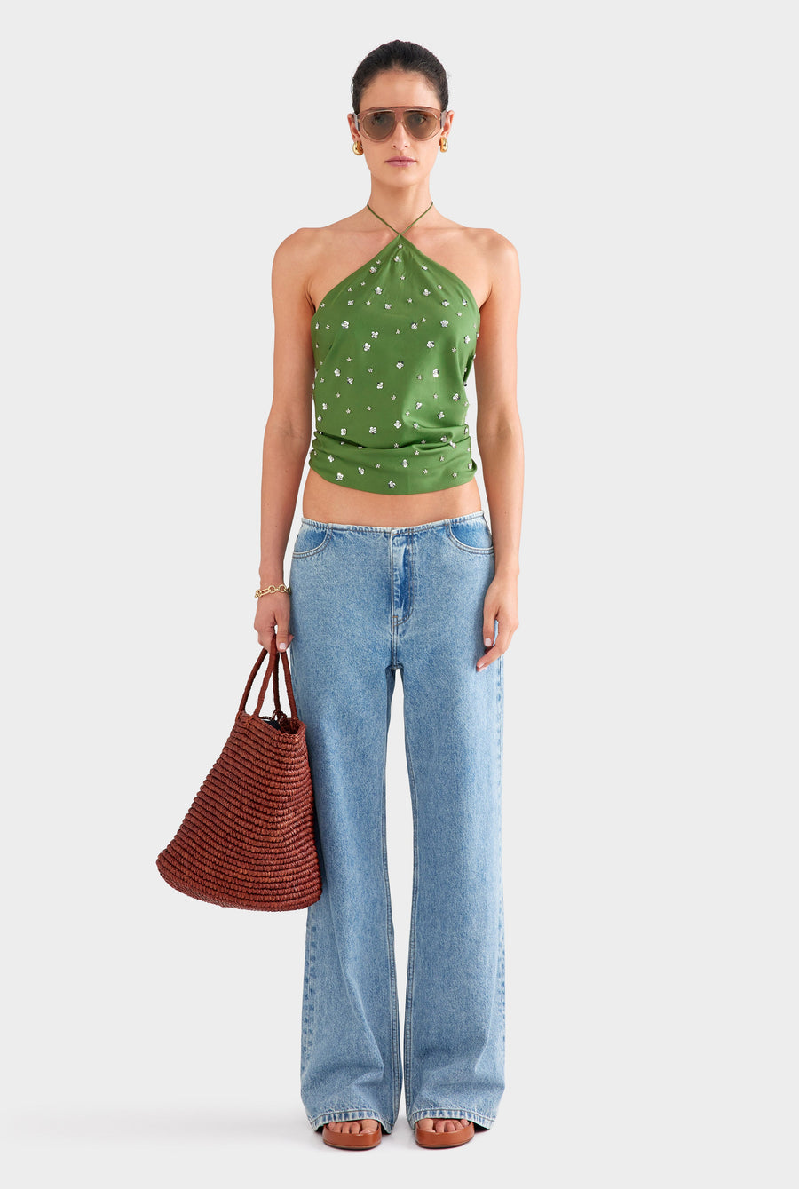 Beaded Silk Halter Scarf Top - Ivy Green/Beading
