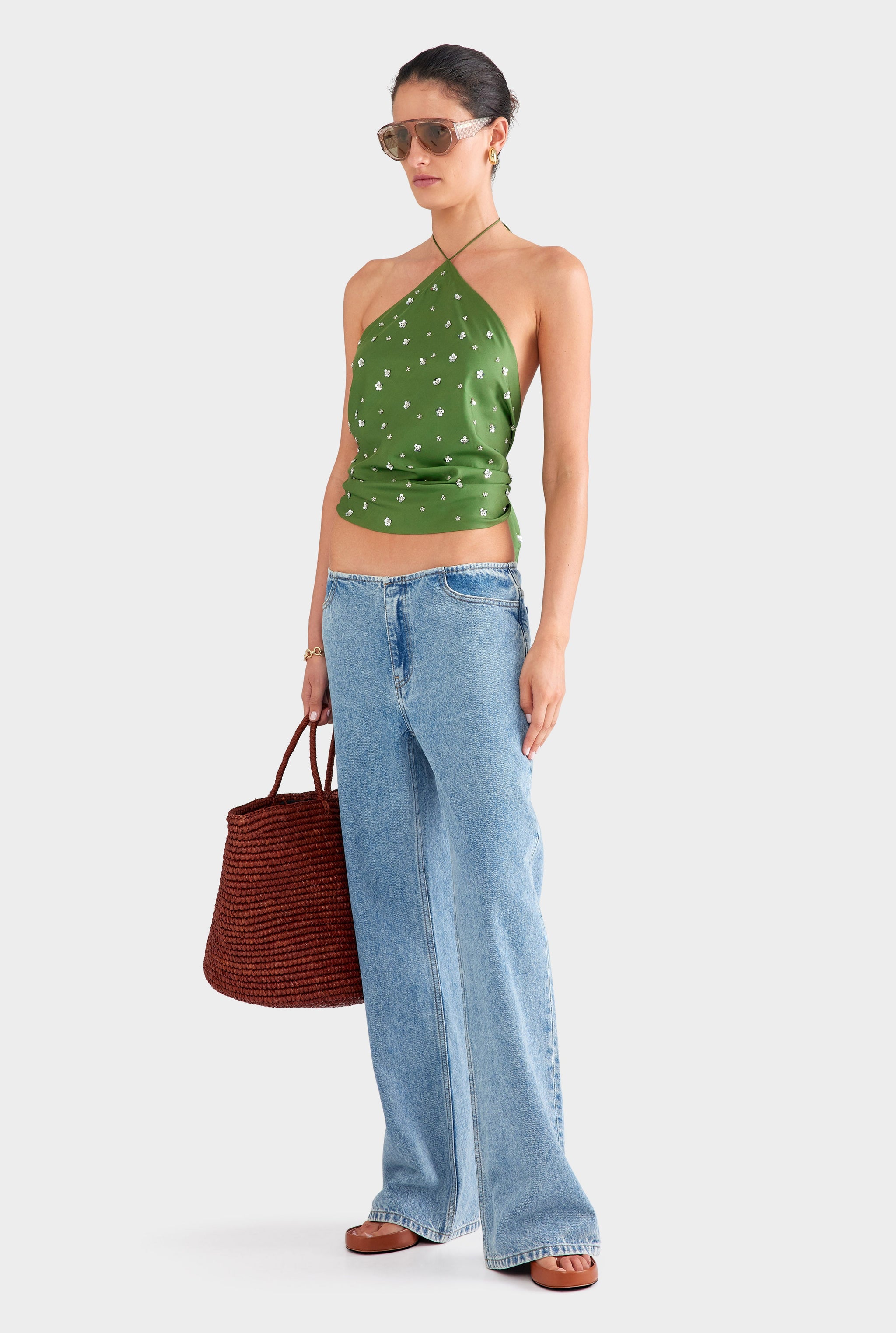 Beaded Silk Halter Scarf Top - Ivy Green/Beading